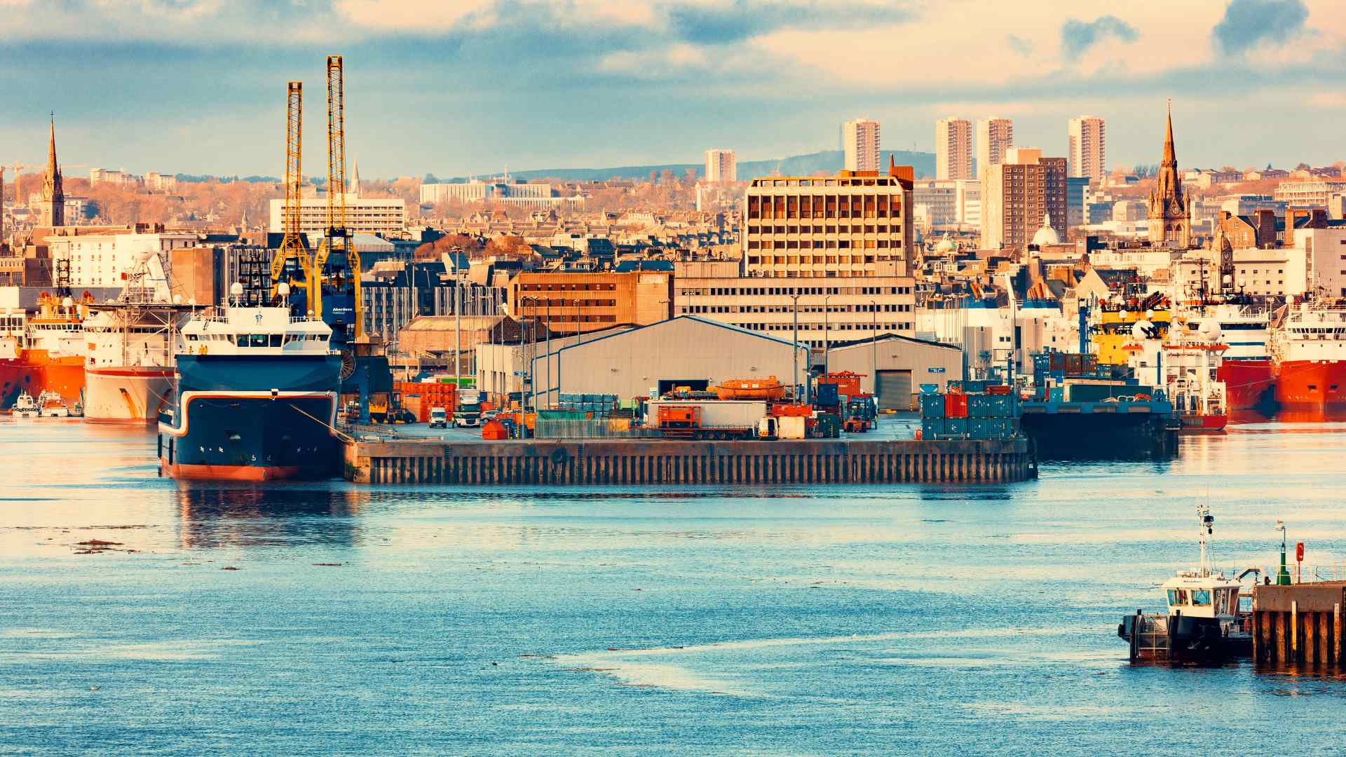 Ferries and industrial buildings in Aberdeen harbor