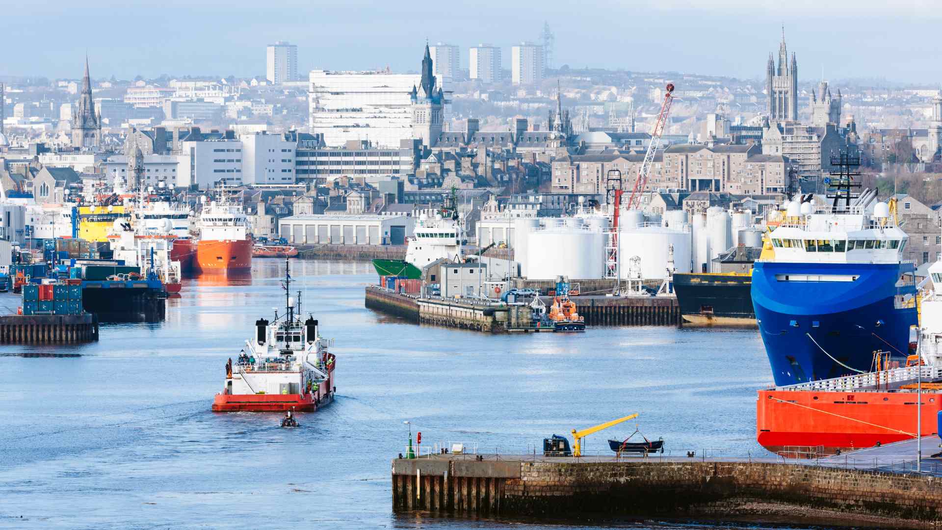 Workboats and ships inside the Port of Aberdeen