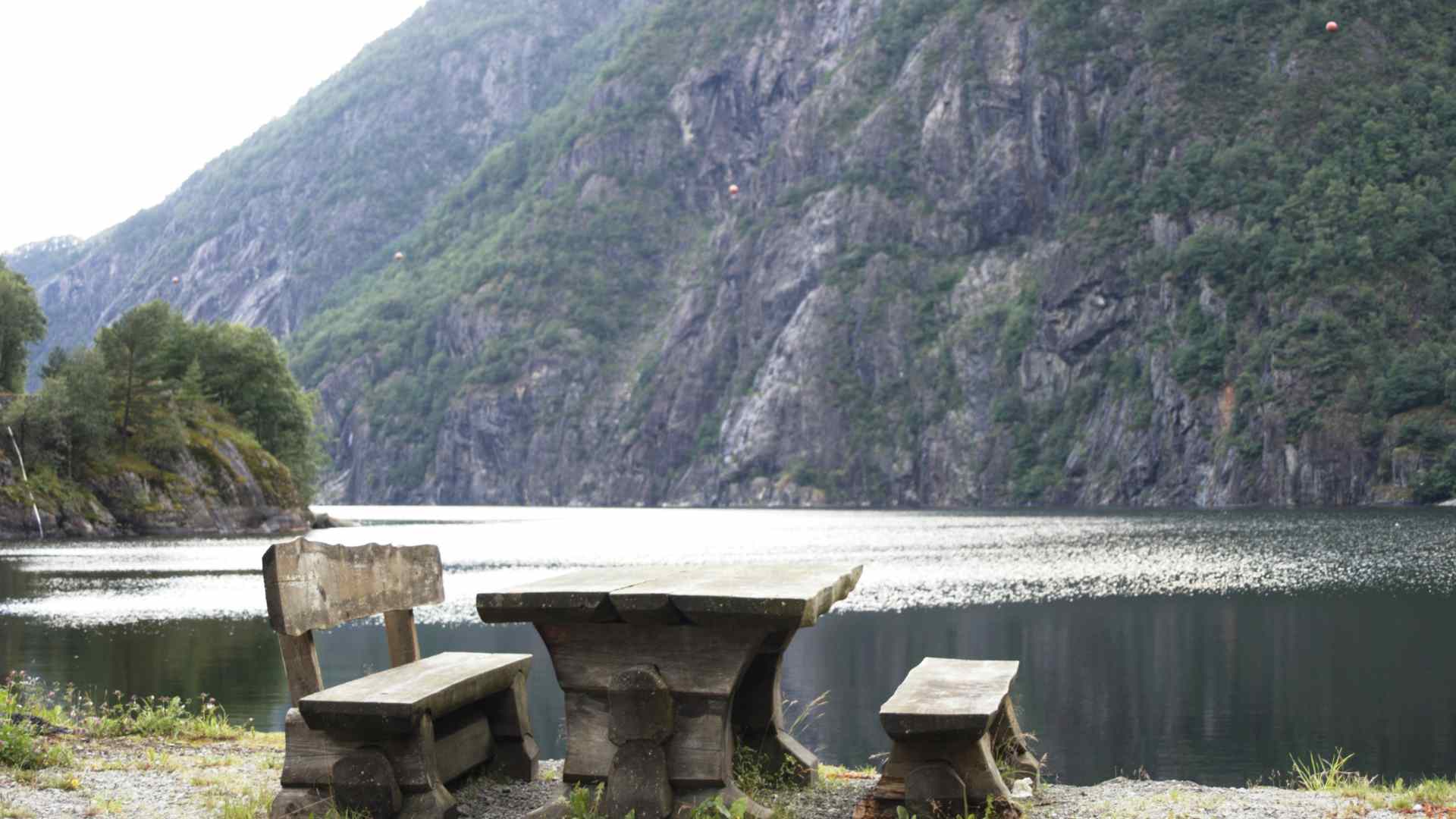 Stone picnic table overlooking Akrafjorden in Norway
