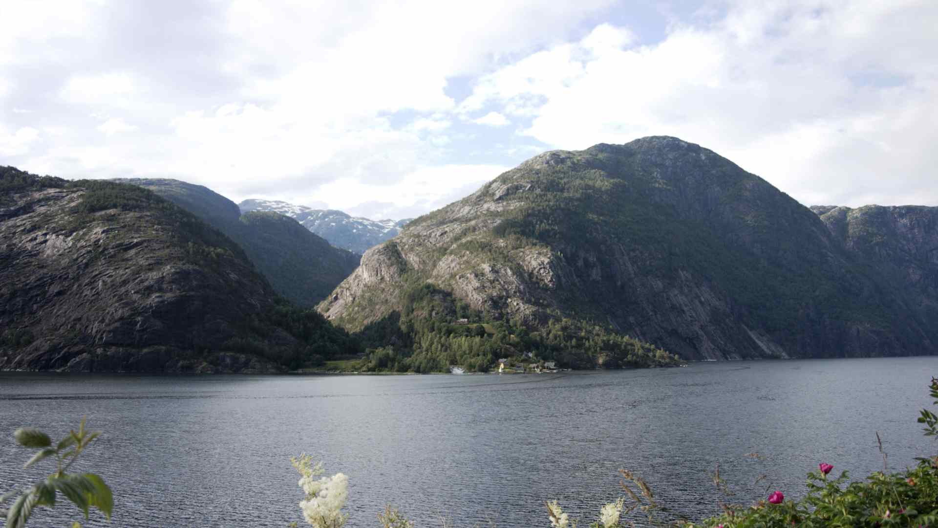 Deep blue Akrafjorden framed by steep Norwegian mountains