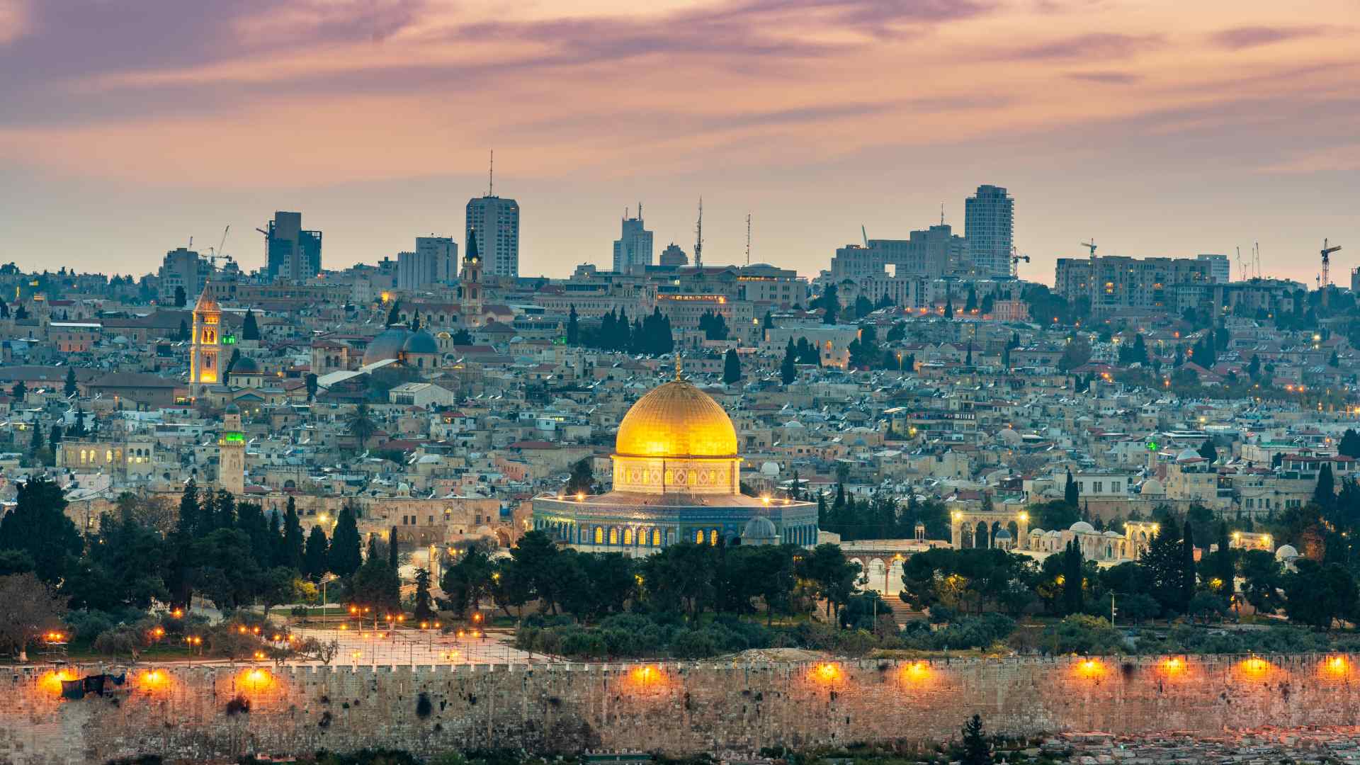 Jerusalem skyline and Dome of the Rock at sunset