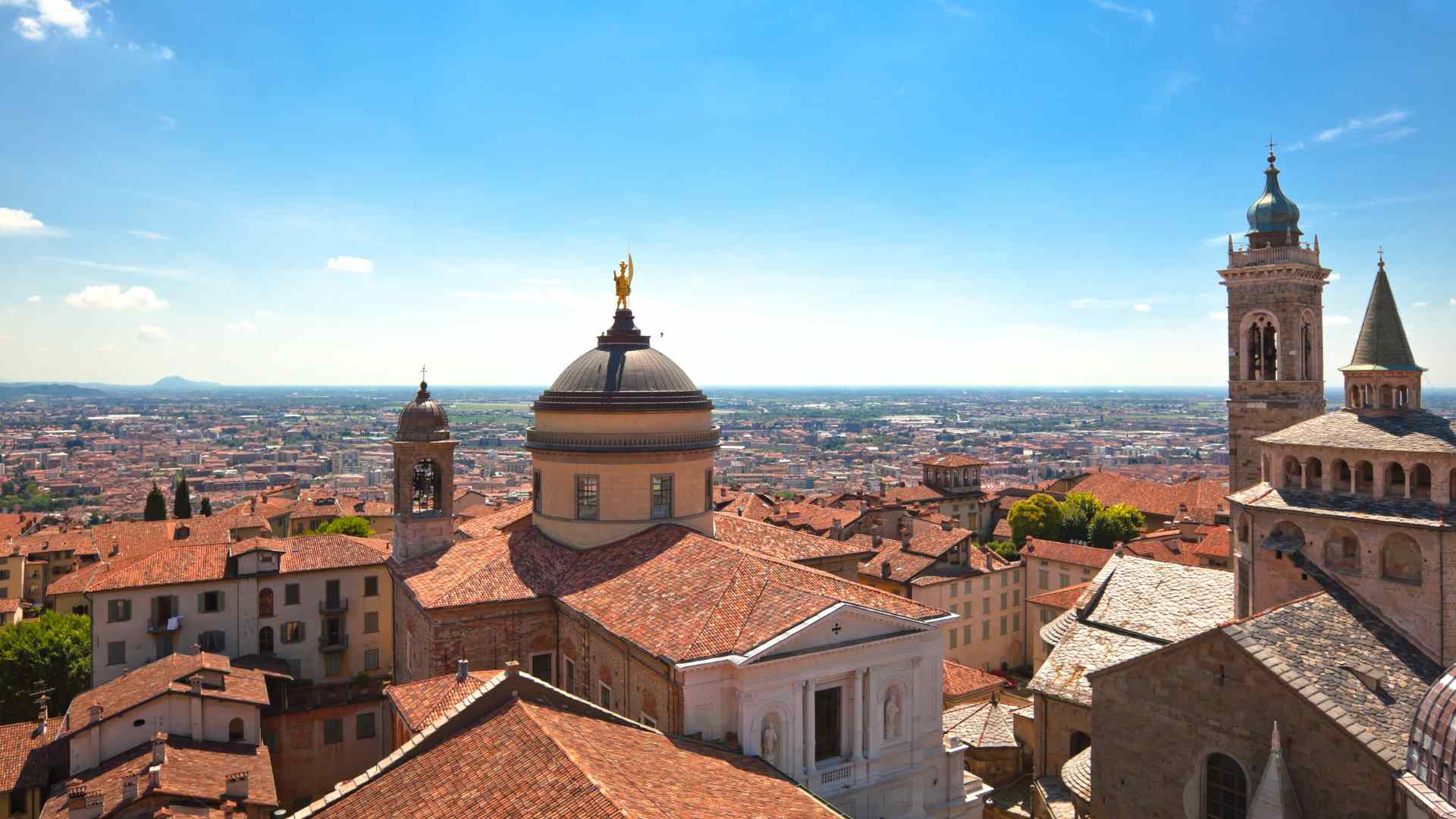 Historic church domes and towers in Bergamo, Italy