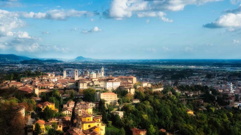 Panoramic view across Bergamo and the Lombardy plains, Italy