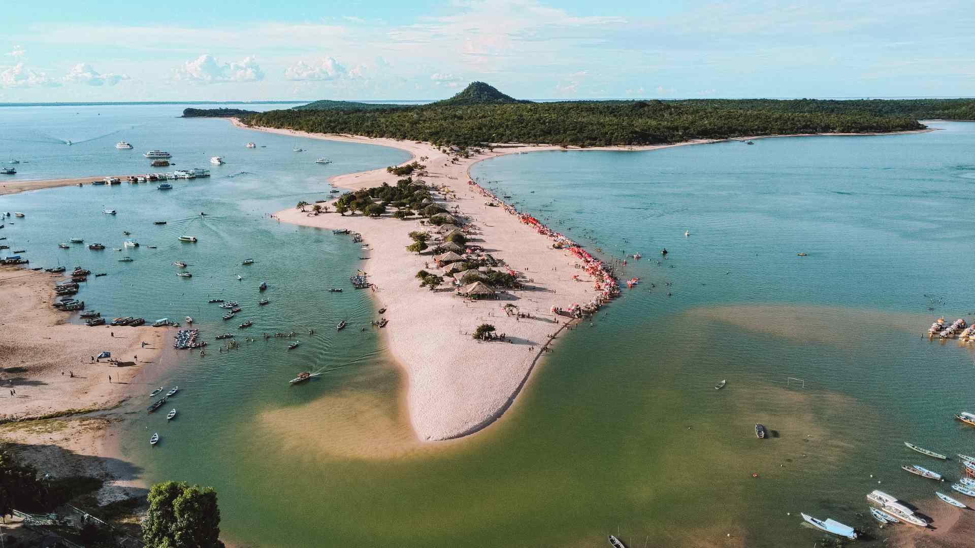 Aerial view of the Ilha do Amor sandbar at Alter do Chao