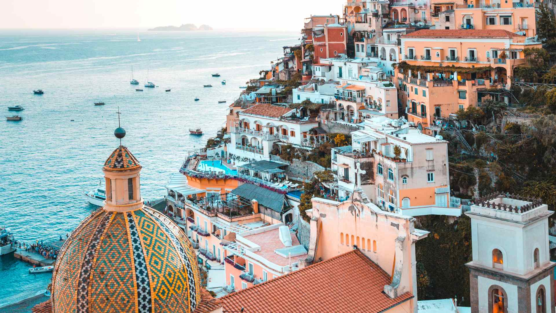 Positano rooftops and tiled church dome on the Amalfi Coast