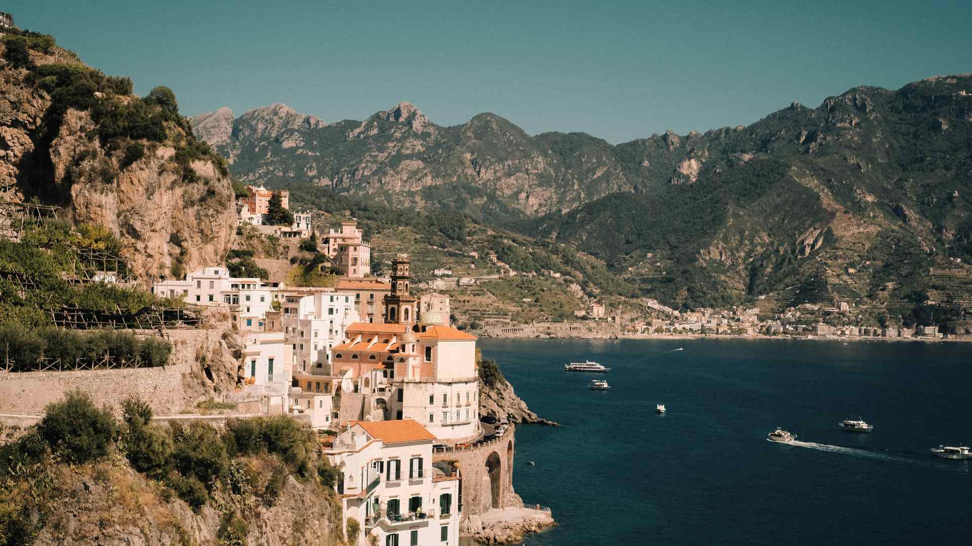 Coastal village and rugged cliffs along the Amalfi Coast