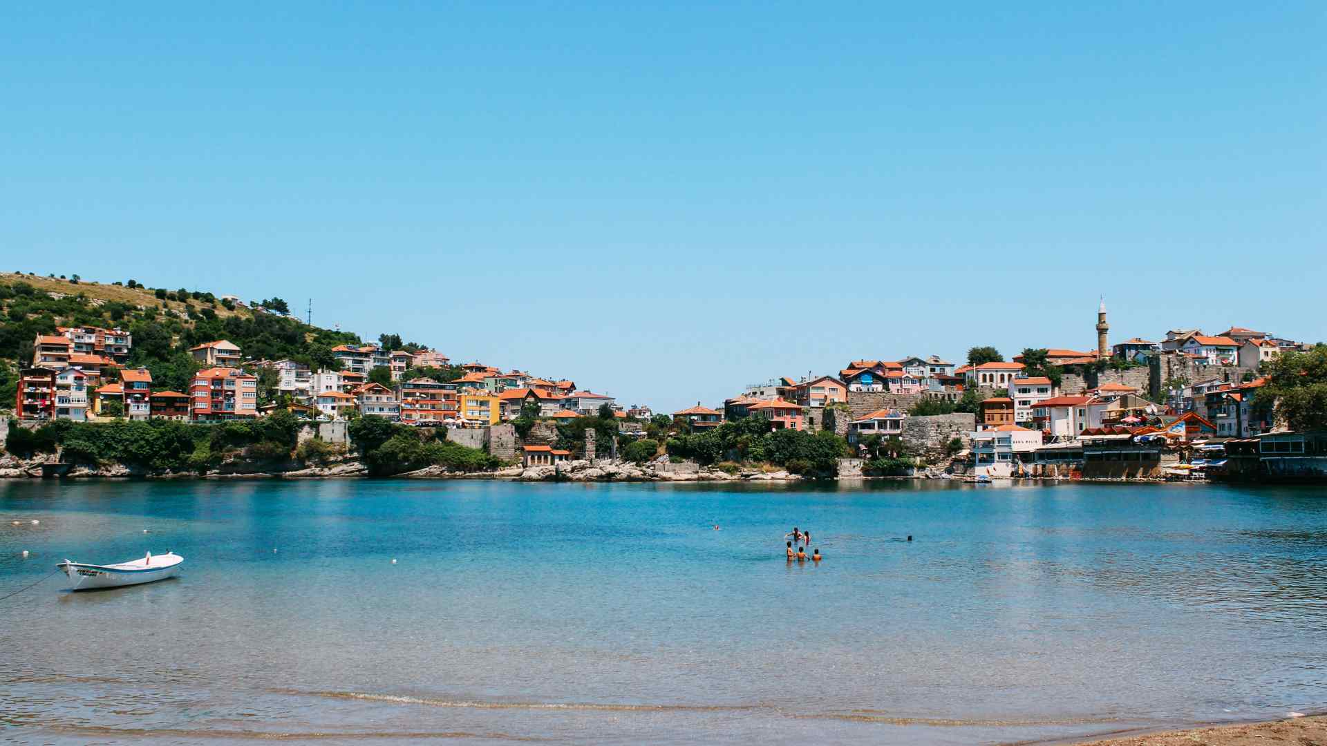Calm bay and waterfront homes in Amasra, Turkey