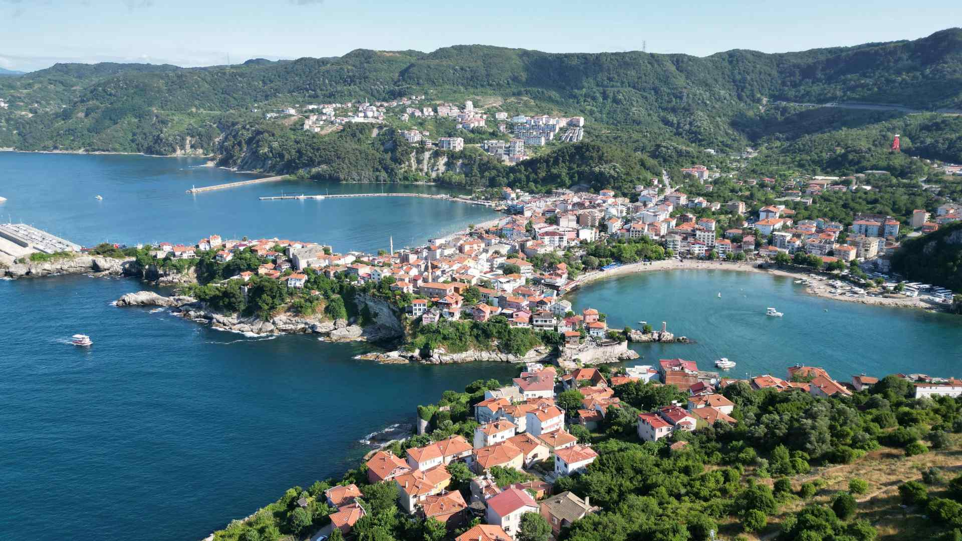 Aerial view of Amasra's twin bays and red-roofed town