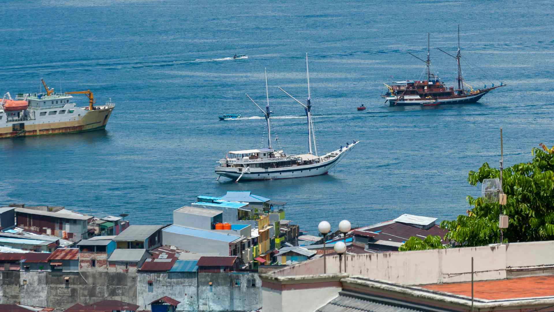 Traditional boats and ferries in Ambon harbor