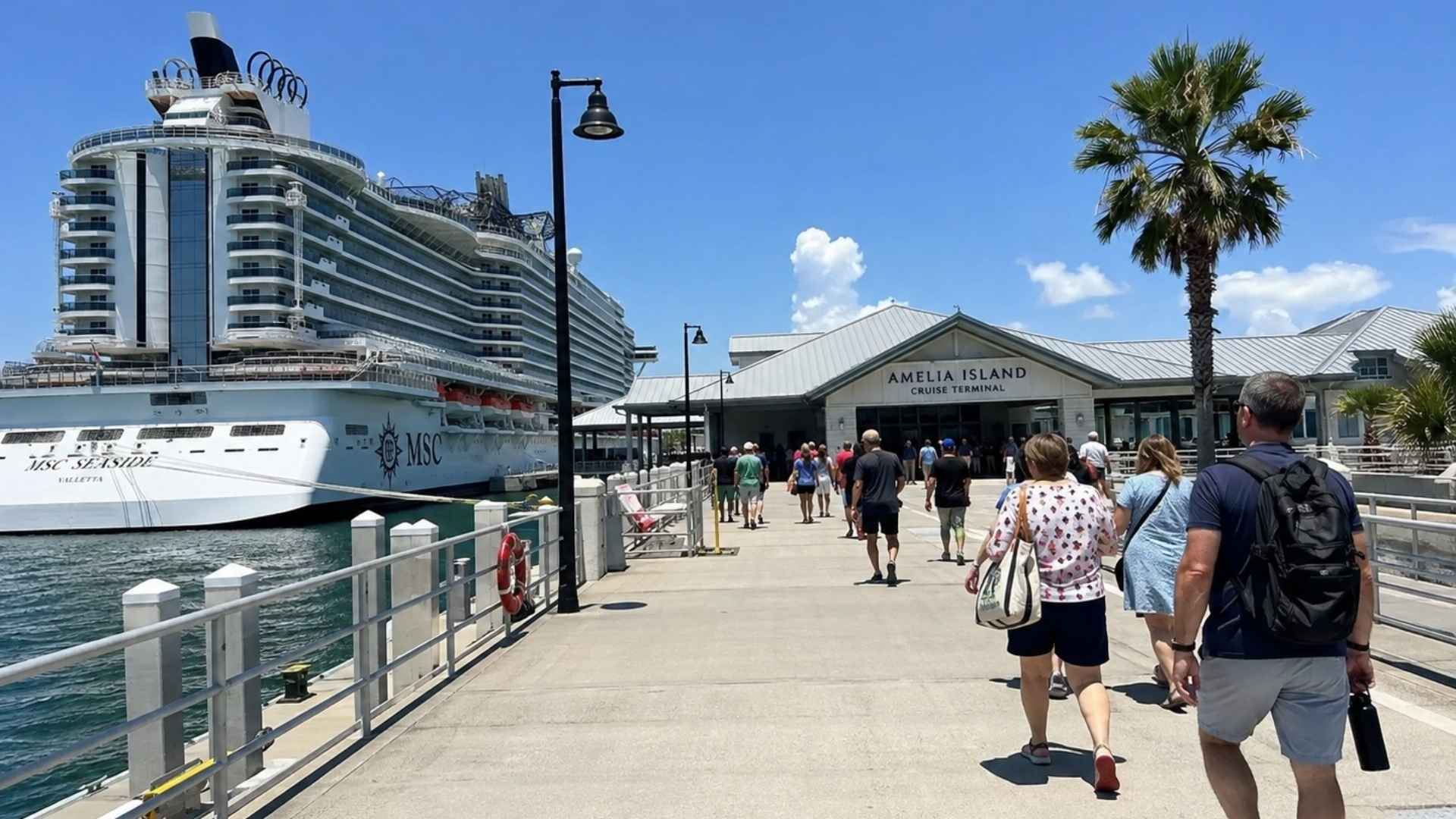 Passengers walking back to their cruise ship at Amelia Island cruise port