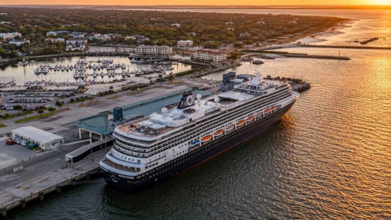 A cruise ship docked at Amelia Island cruise port during sunset