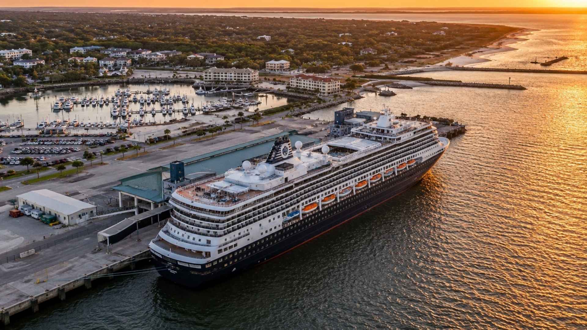 A cruise ship docked at Amelia Island cruise port during sunset