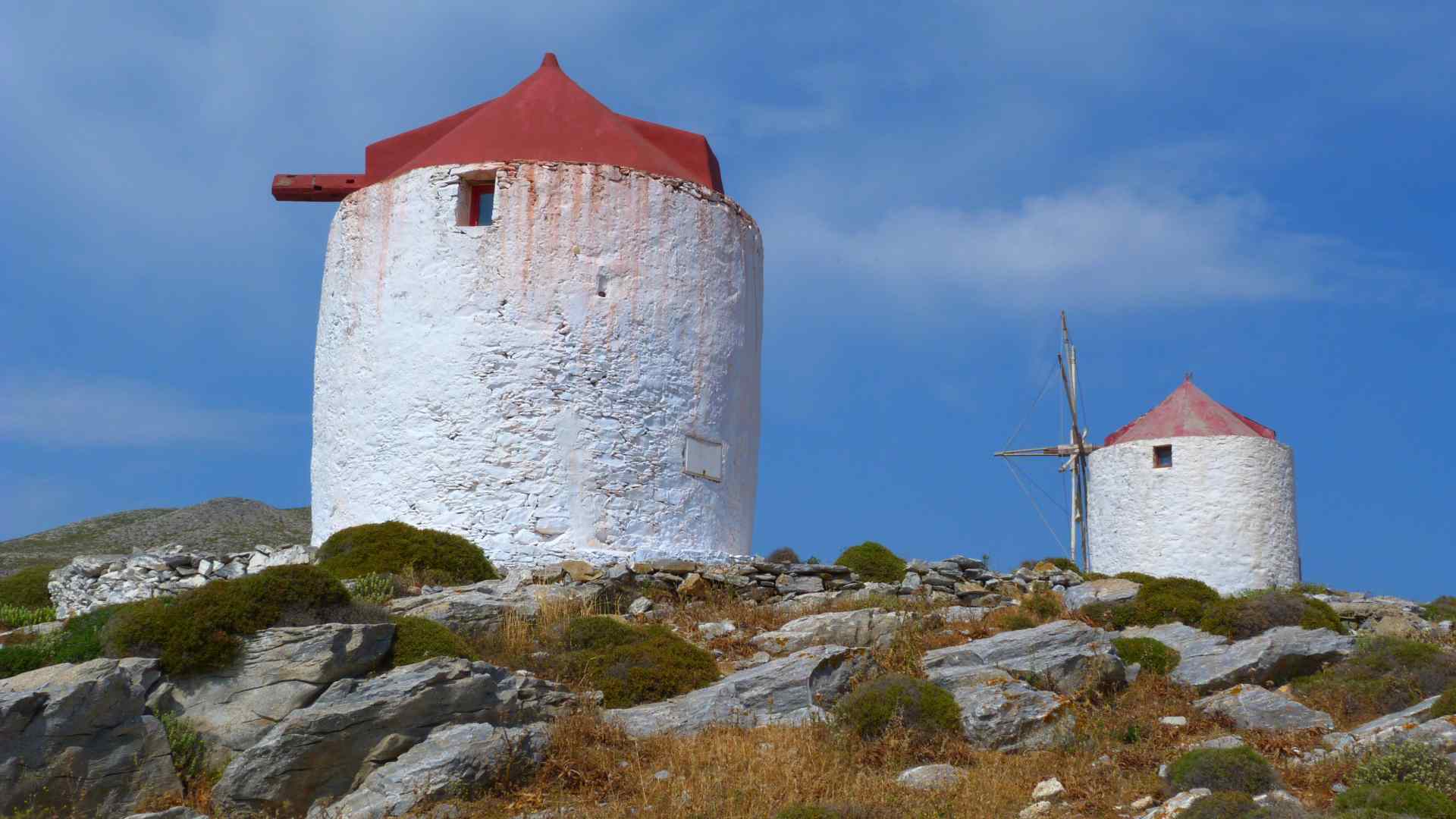 Traditional white windmills on the island of Amorgos