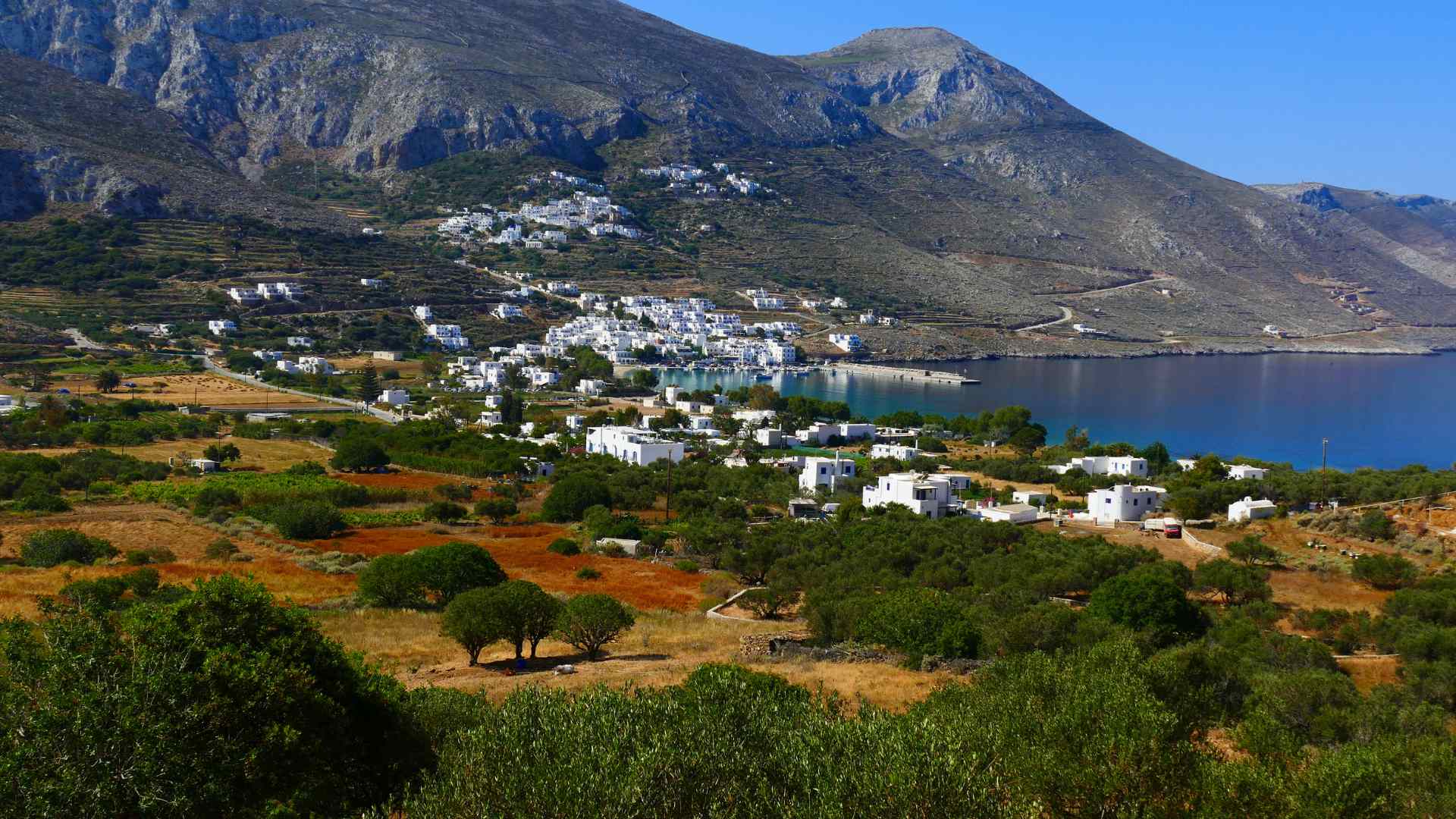 White villages and mountain slopes on Amorgos, Greece