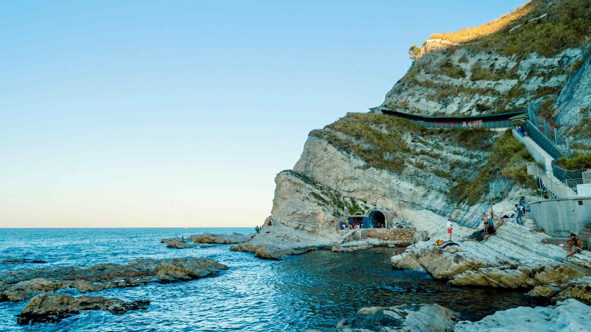 Layered white cliffs and blue Adriatic Sea near Ancona