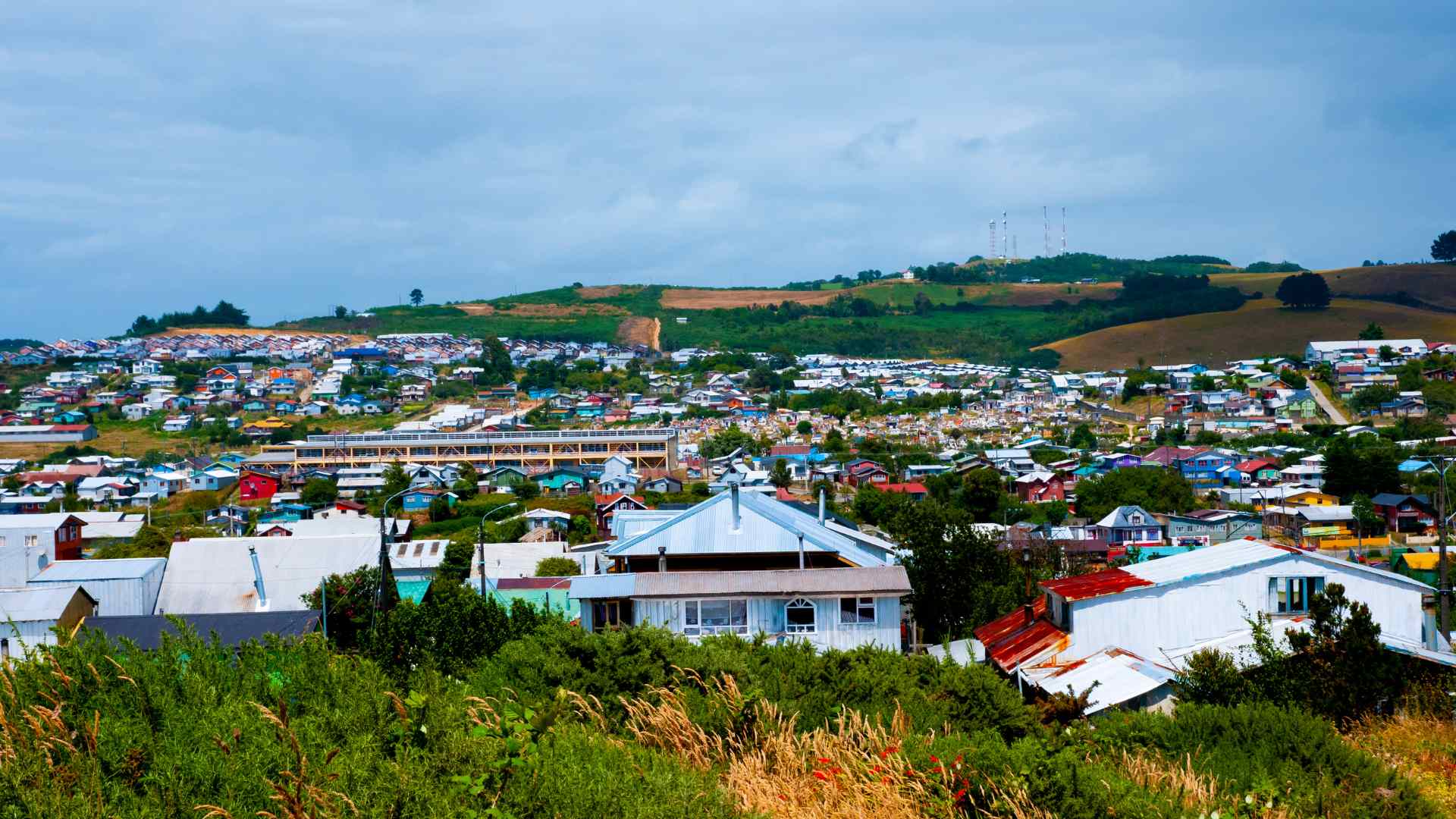 Colorful hillside homes in Ancud on Chiloe Island