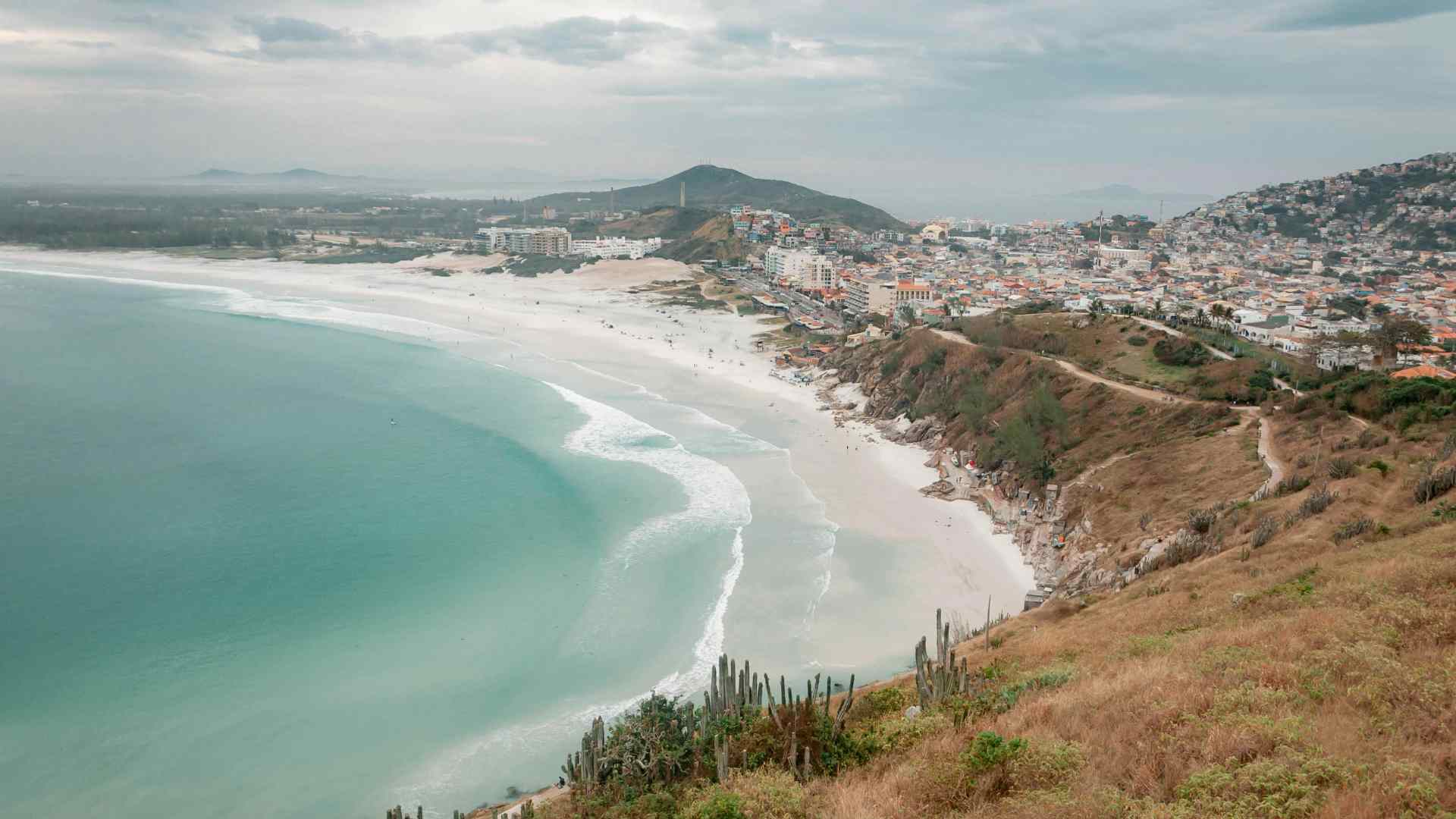 Aerial view of Arraial do Cabo's sweeping Atlantic coastline
