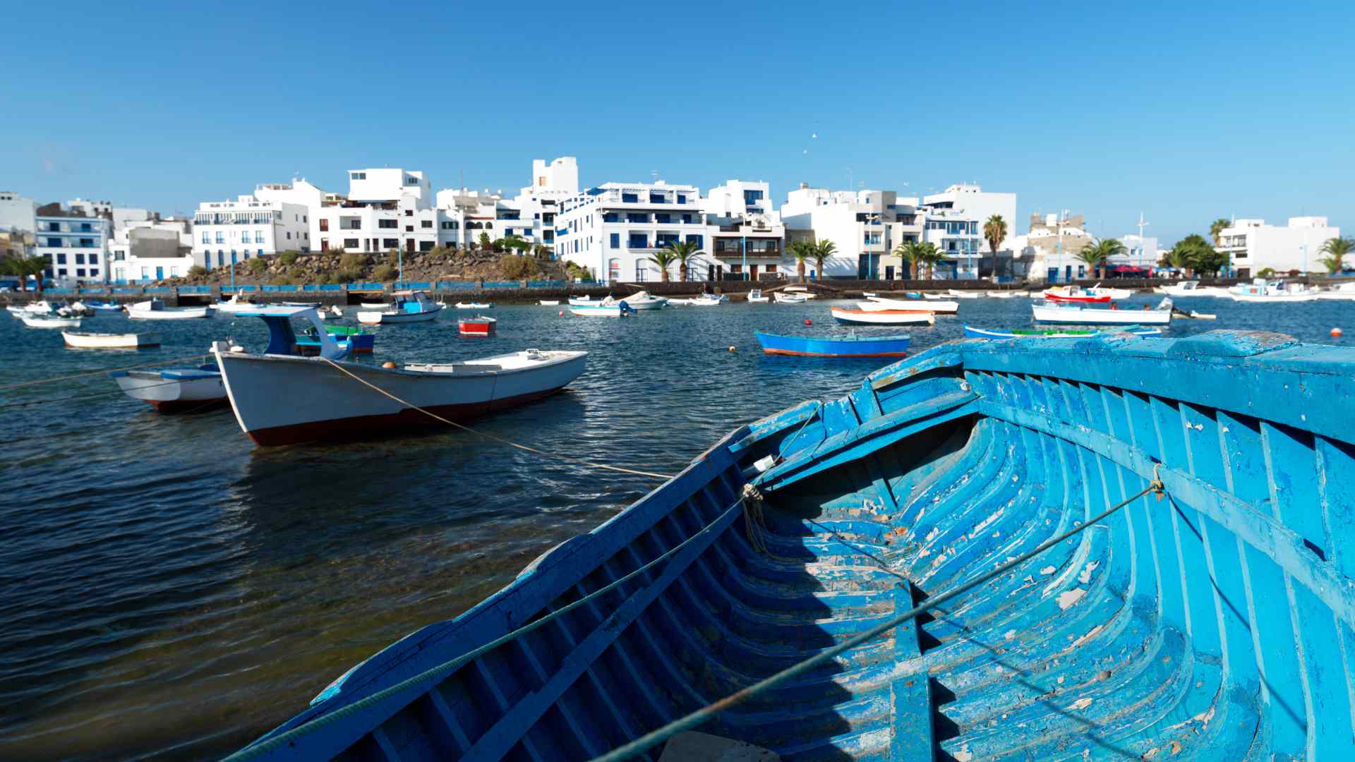 Blue fishing boats inside Arrecife harbor, Lanzarote