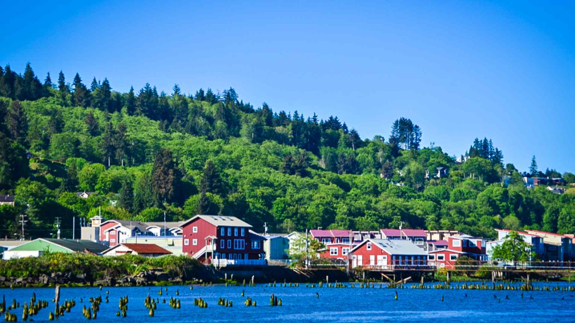 Colorful waterfront buildings on the Columbia River at Astoria
