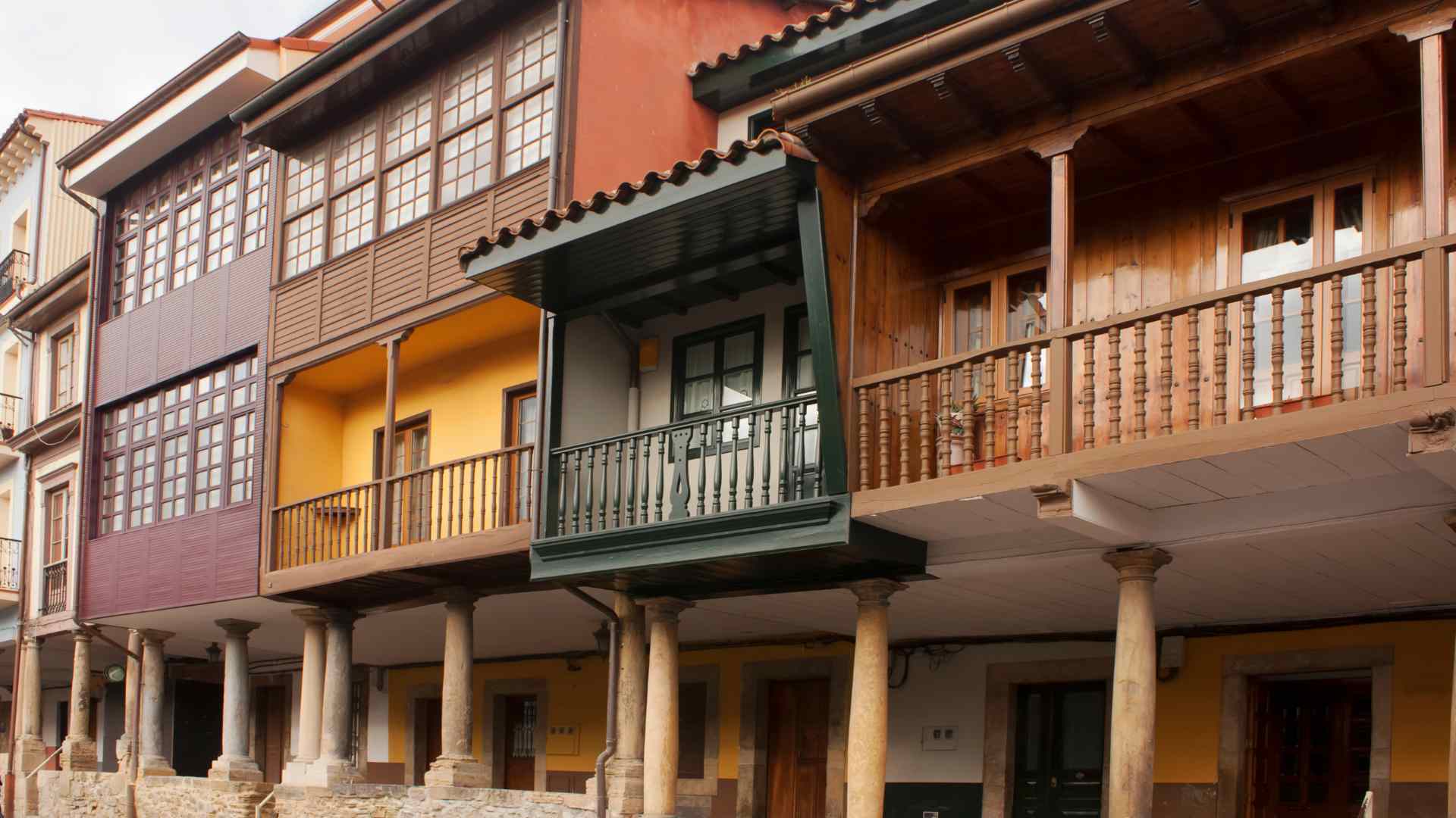 Colorful arcaded buildings in the historic center of Aviles