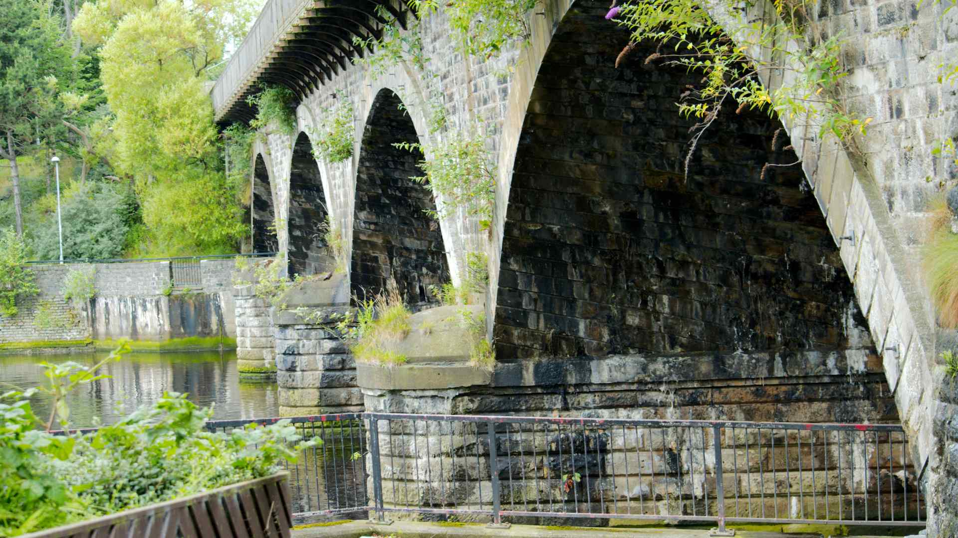Stone railway viaduct surrounded by trees near Ayr