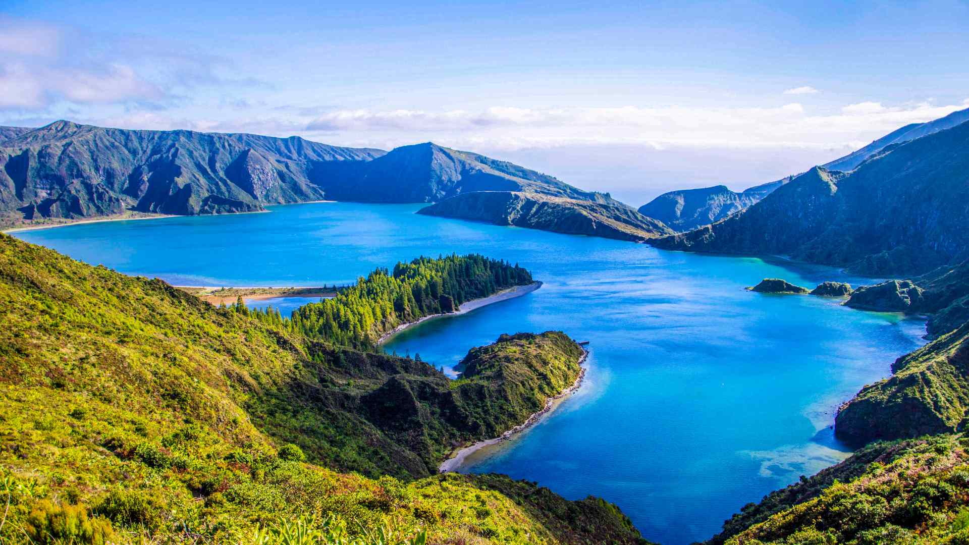 Blue volcanic crater lake in the Azores