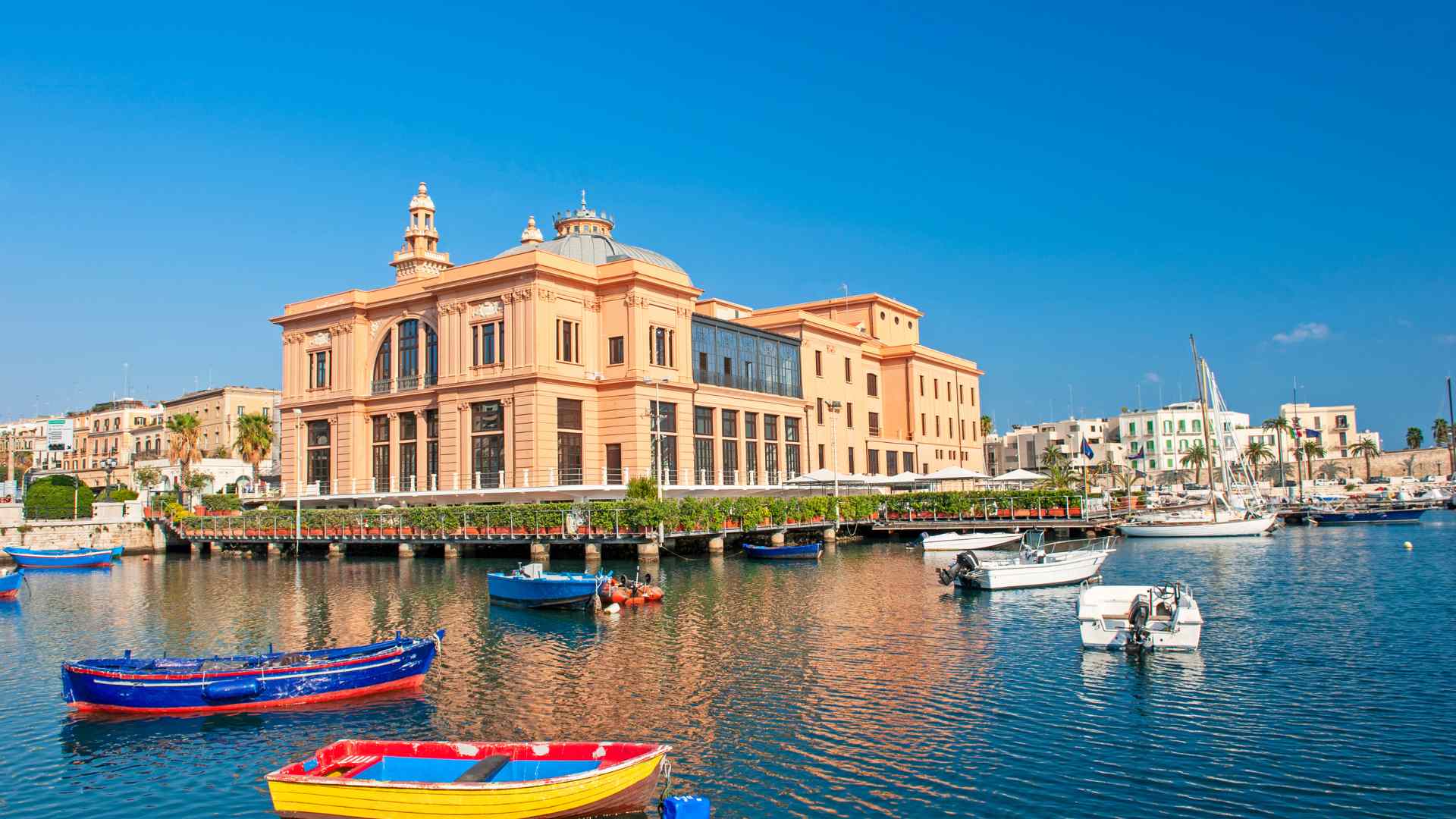 Teatro Margherita and fishing boats on Bari's waterfront
