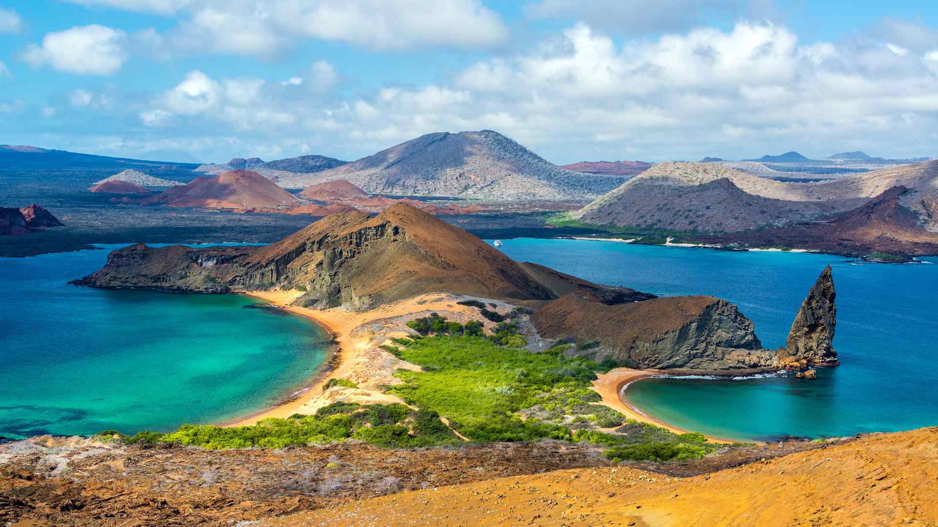 Volcanic islands and turquoise bays viewed from above