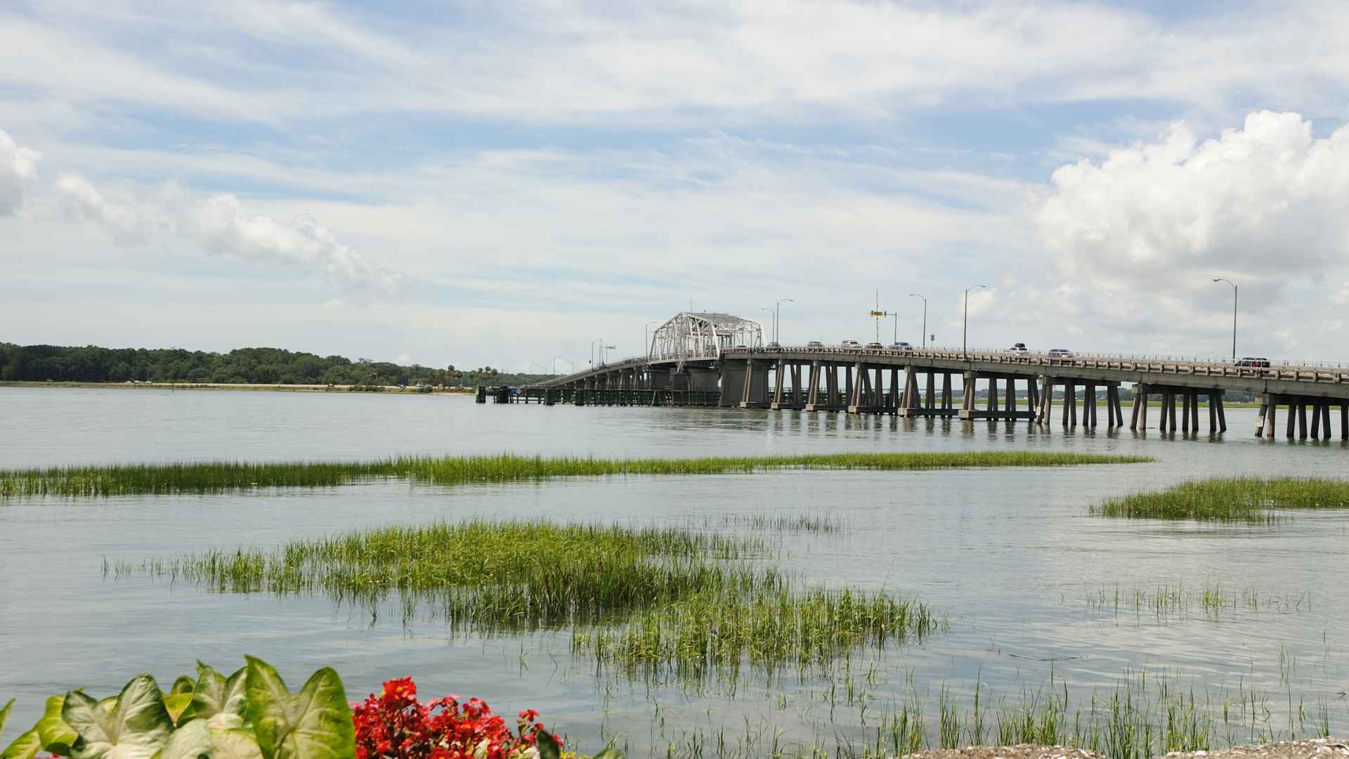Long overwater bridge crossing a marsh