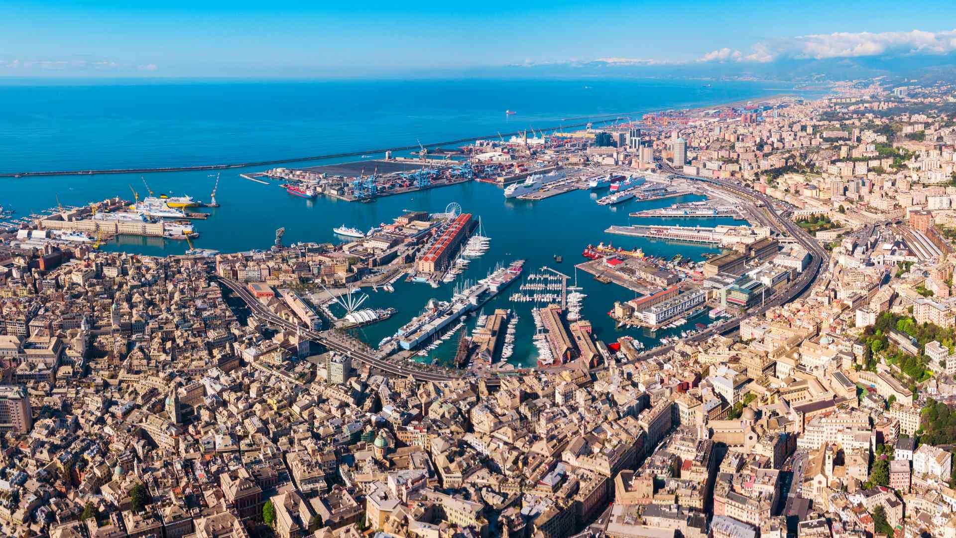 Aerial view of the Port of Genoa and city center