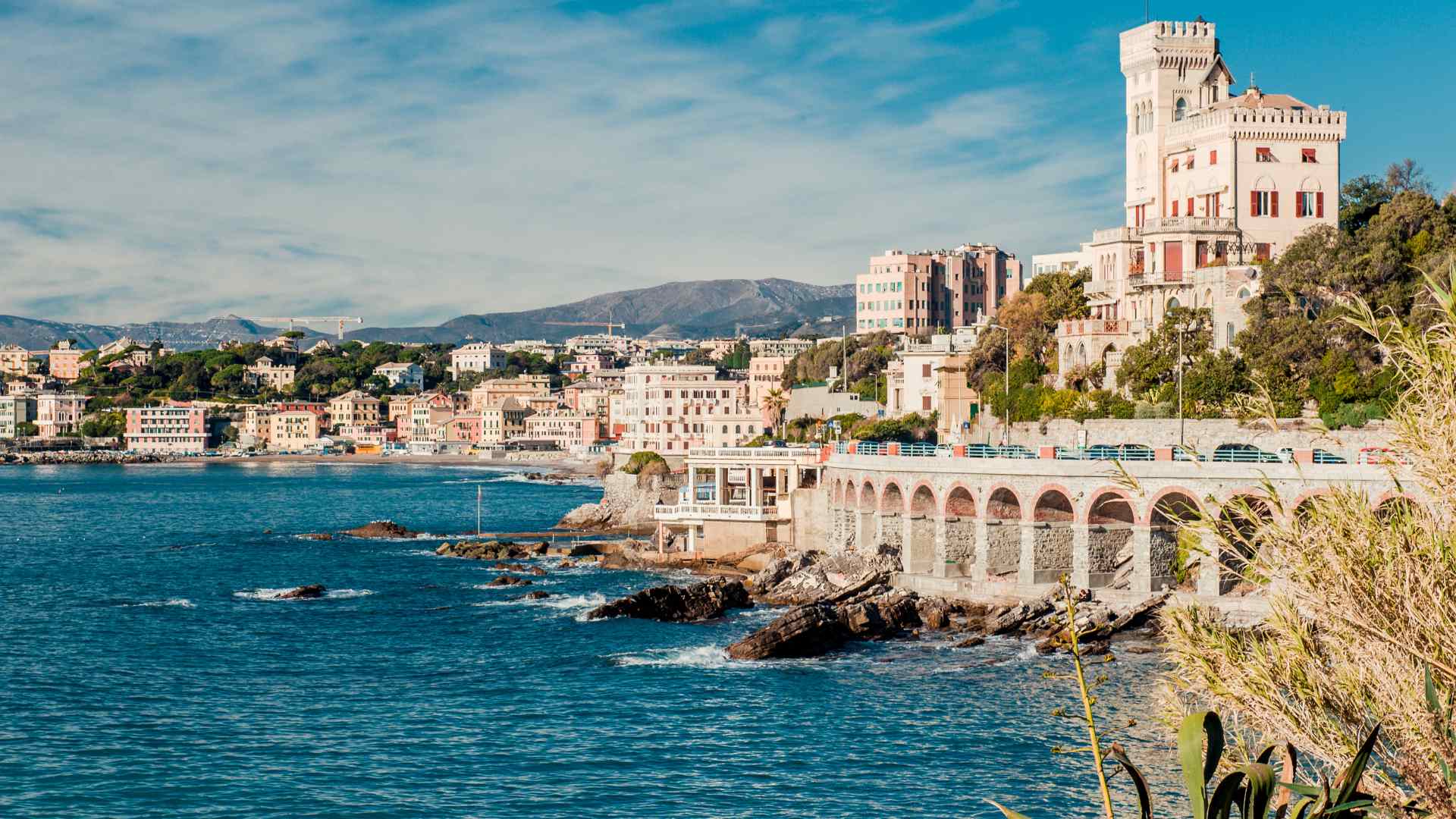 Seaside villas along the Boccadasse coast in Genoa, Italy