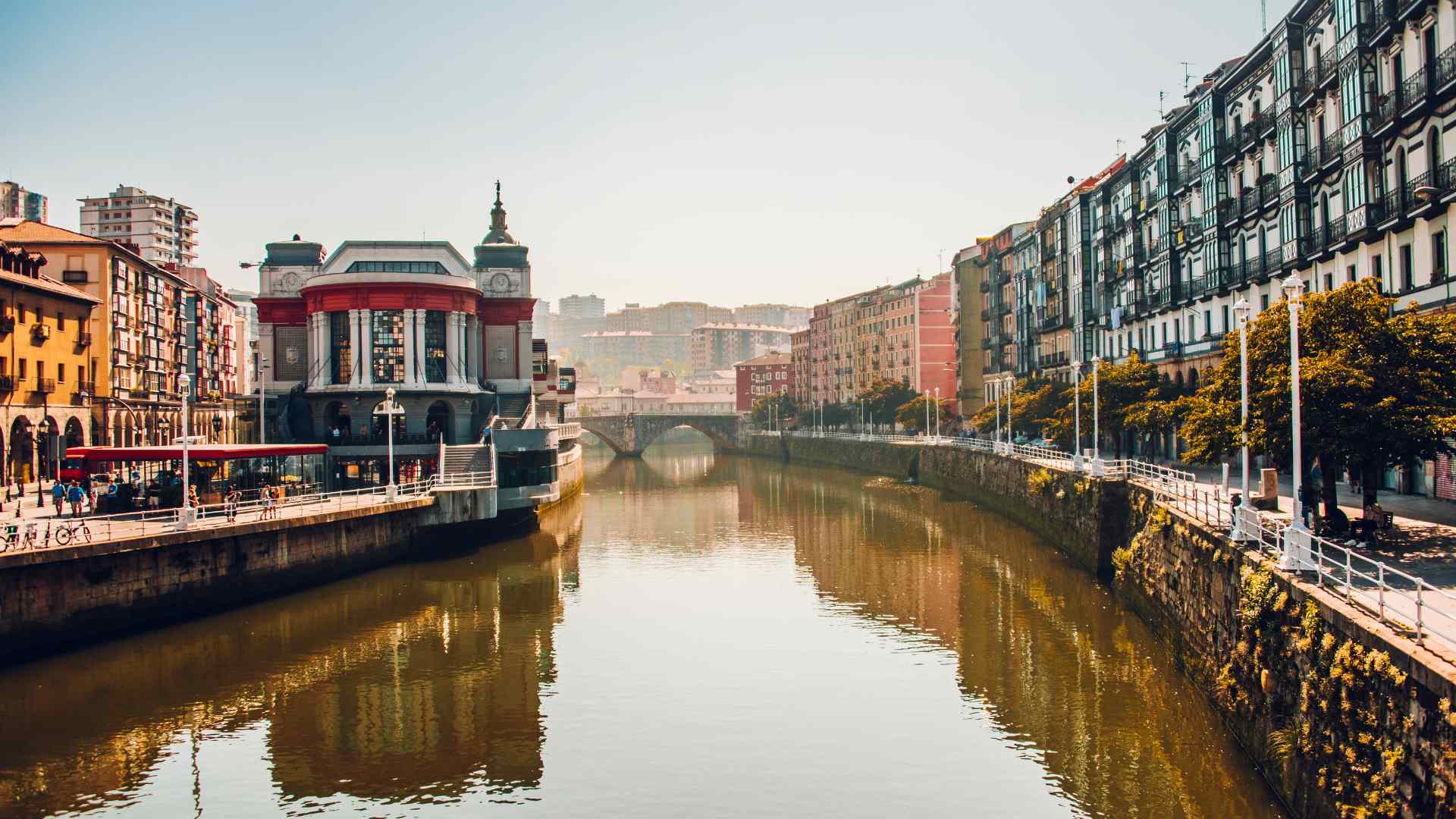 Nervion River and waterfront buildings through central Bilbao