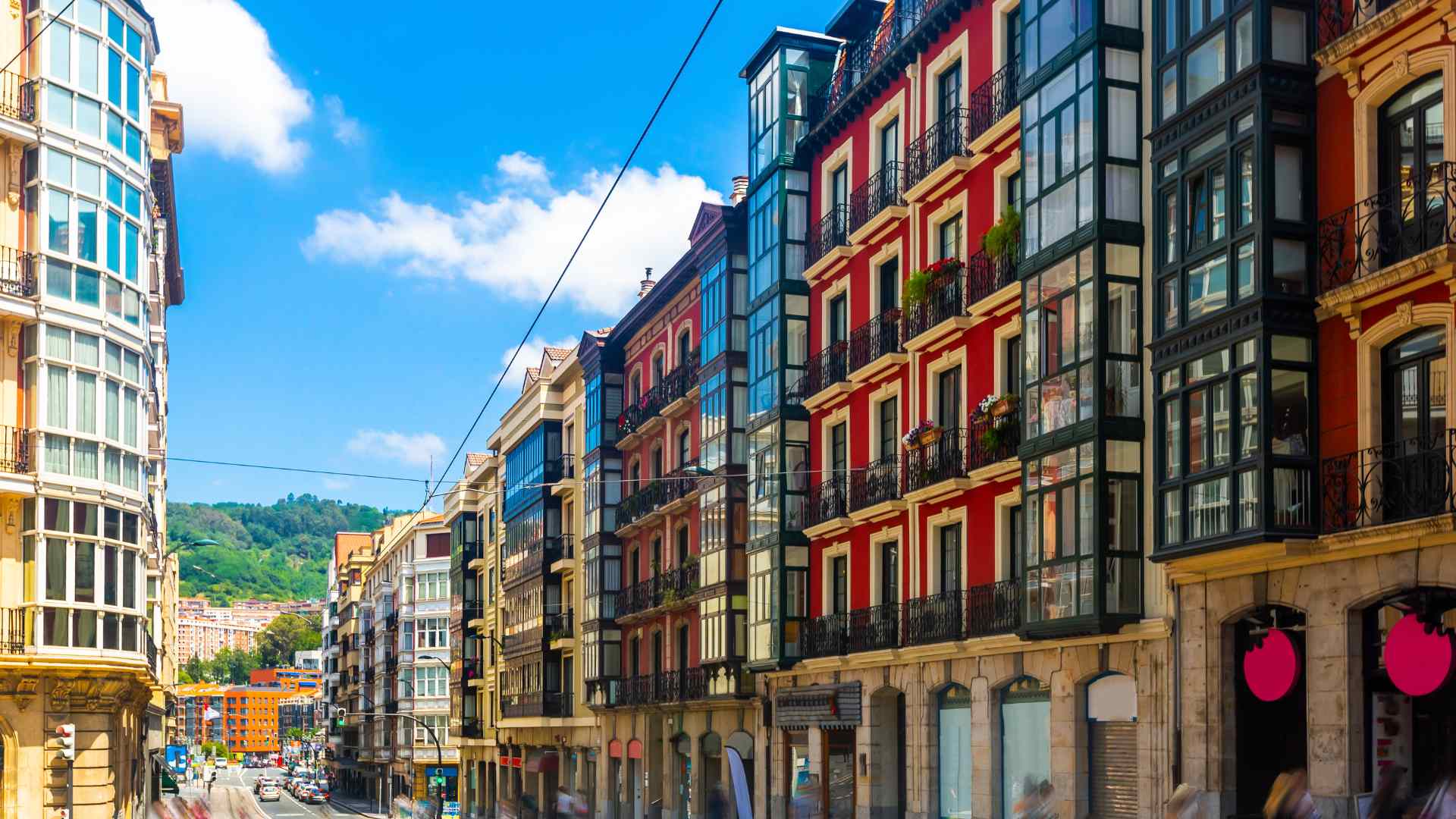 Colorful facades along a street in Bilbao's Old Town