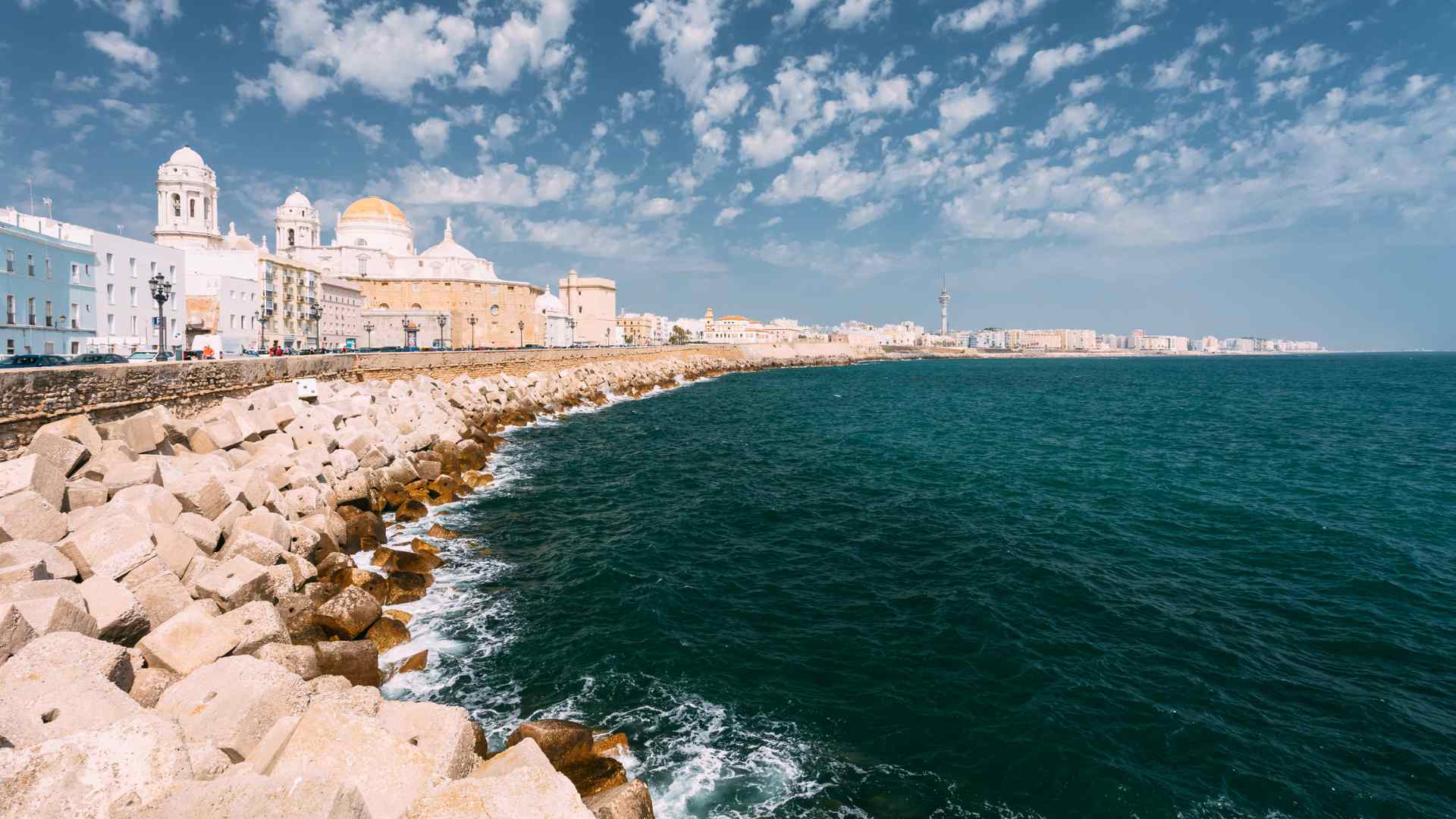 Cadiz waterfront and cathedral beside the Atlantic Ocean