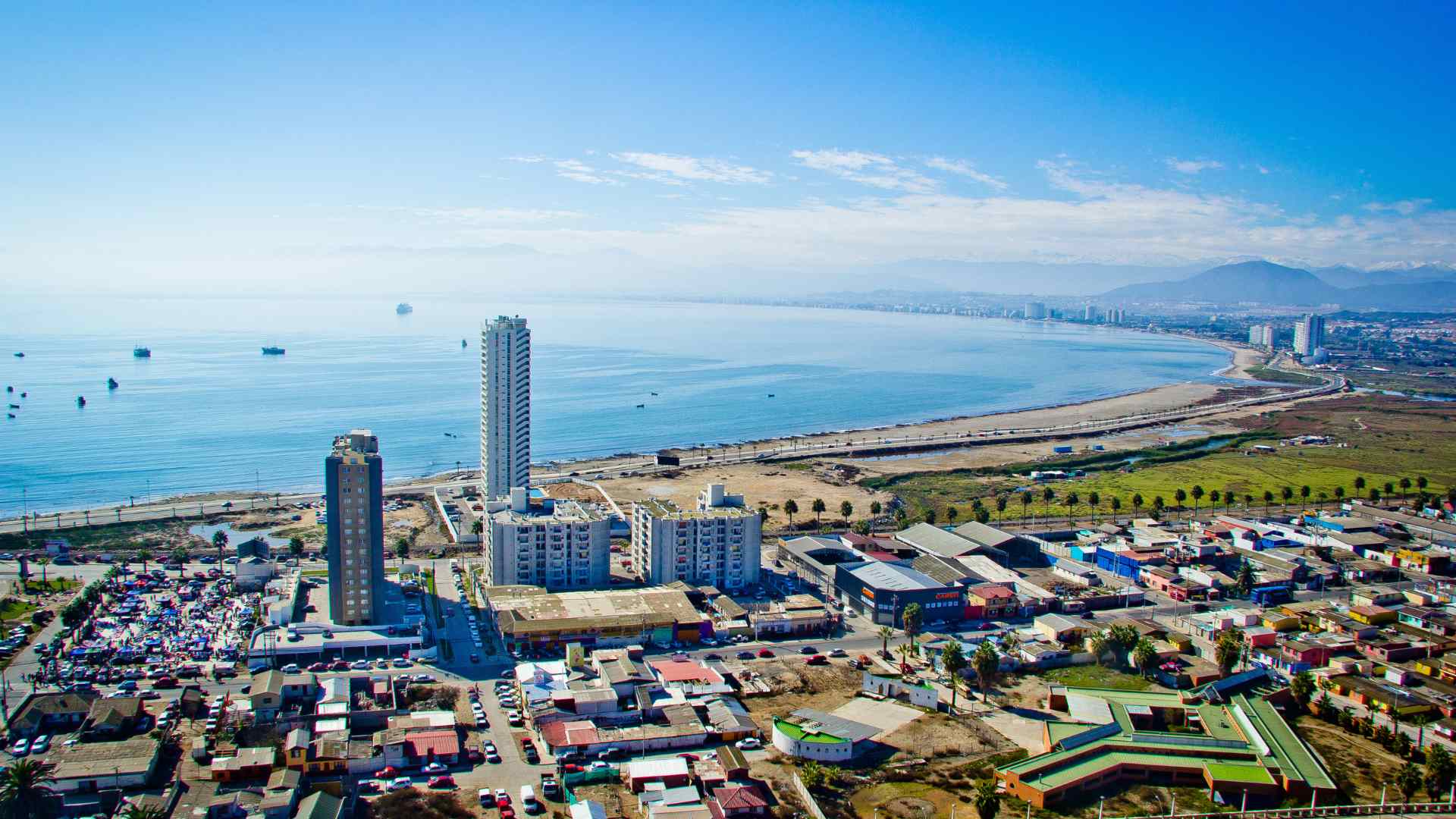 Coquimbo waterfront skyline and Pacific coast viewed from above