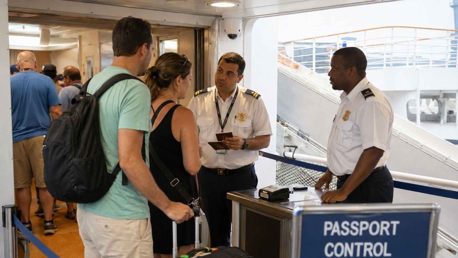 a couple getting passports checked going off a cruise ship