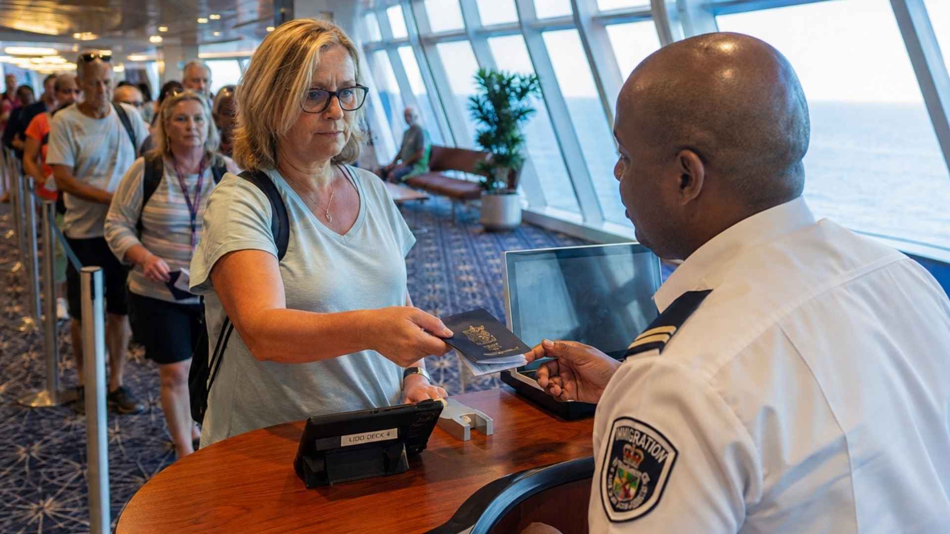 a lady getting her passport checked on a cruise ship