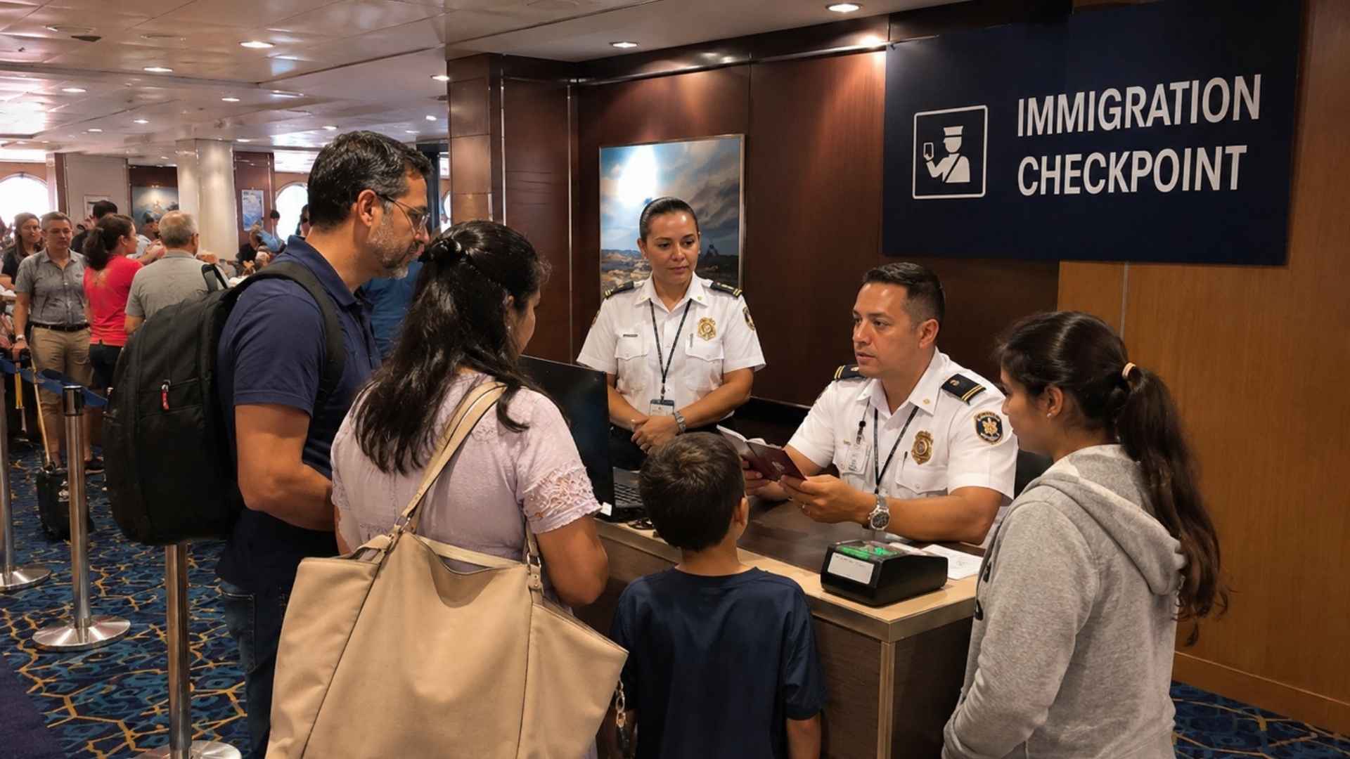 A family getting their passports checked on a cruise ship