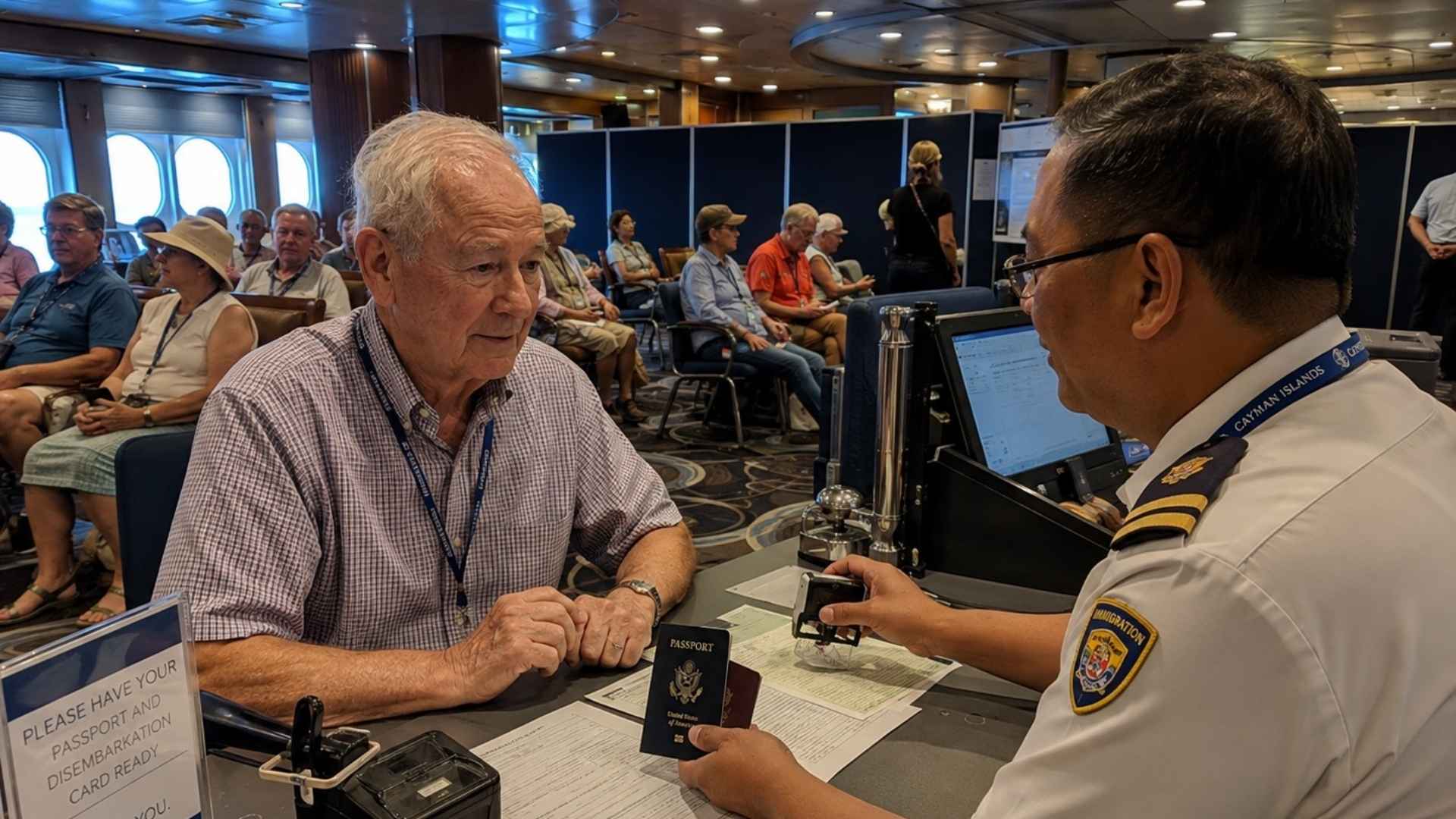 old man having his passport checked on a cruise ship