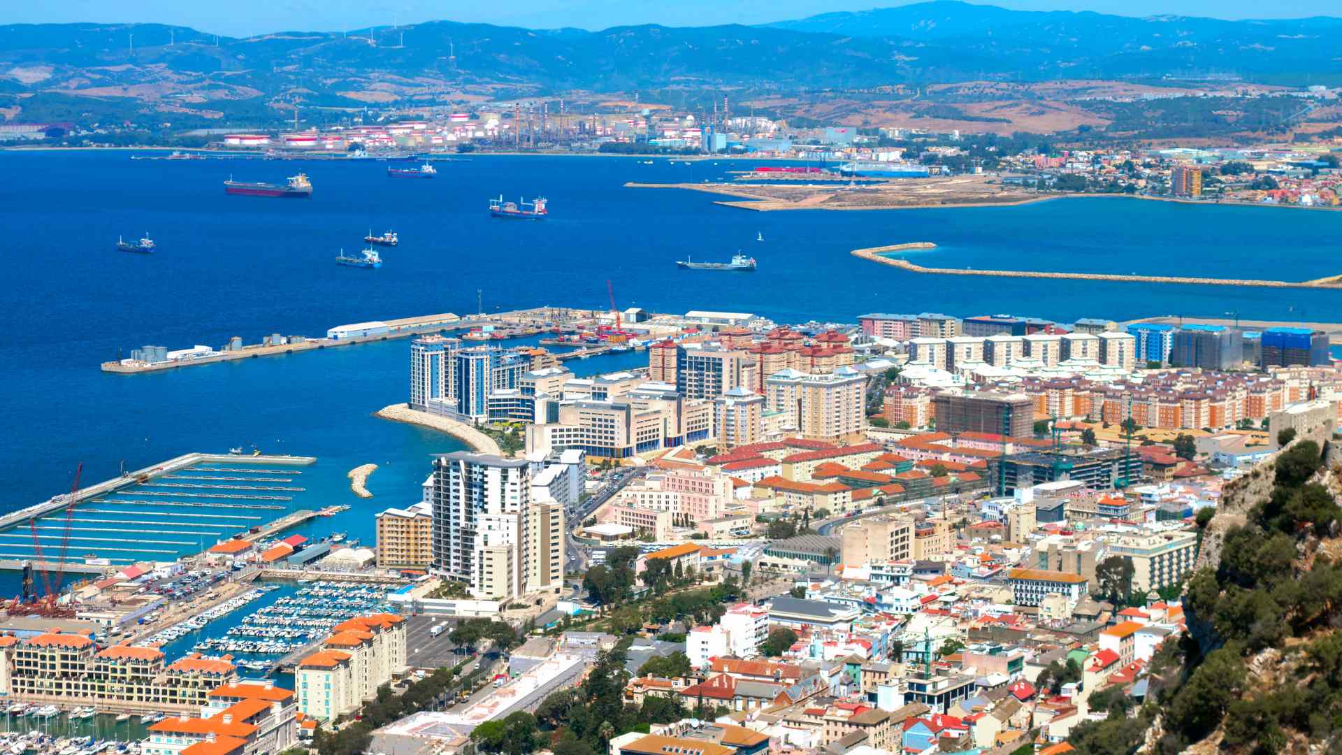 Aerial view of Gibraltar marina, city and bay