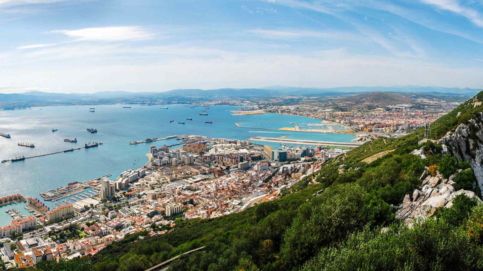 Panoramic view of Gibraltar harbor and the Rock of Gibraltar