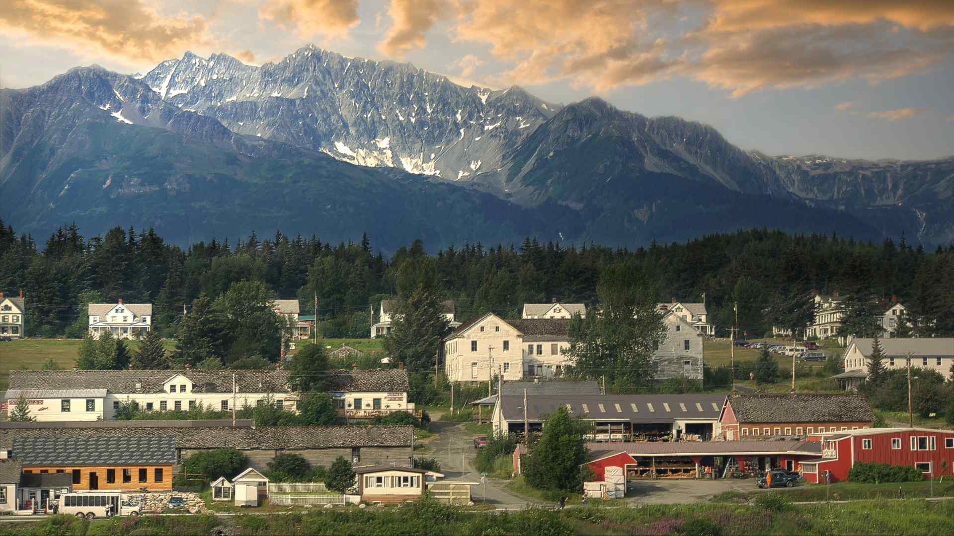 Haines town beneath rugged mountains in Southeast Alaska