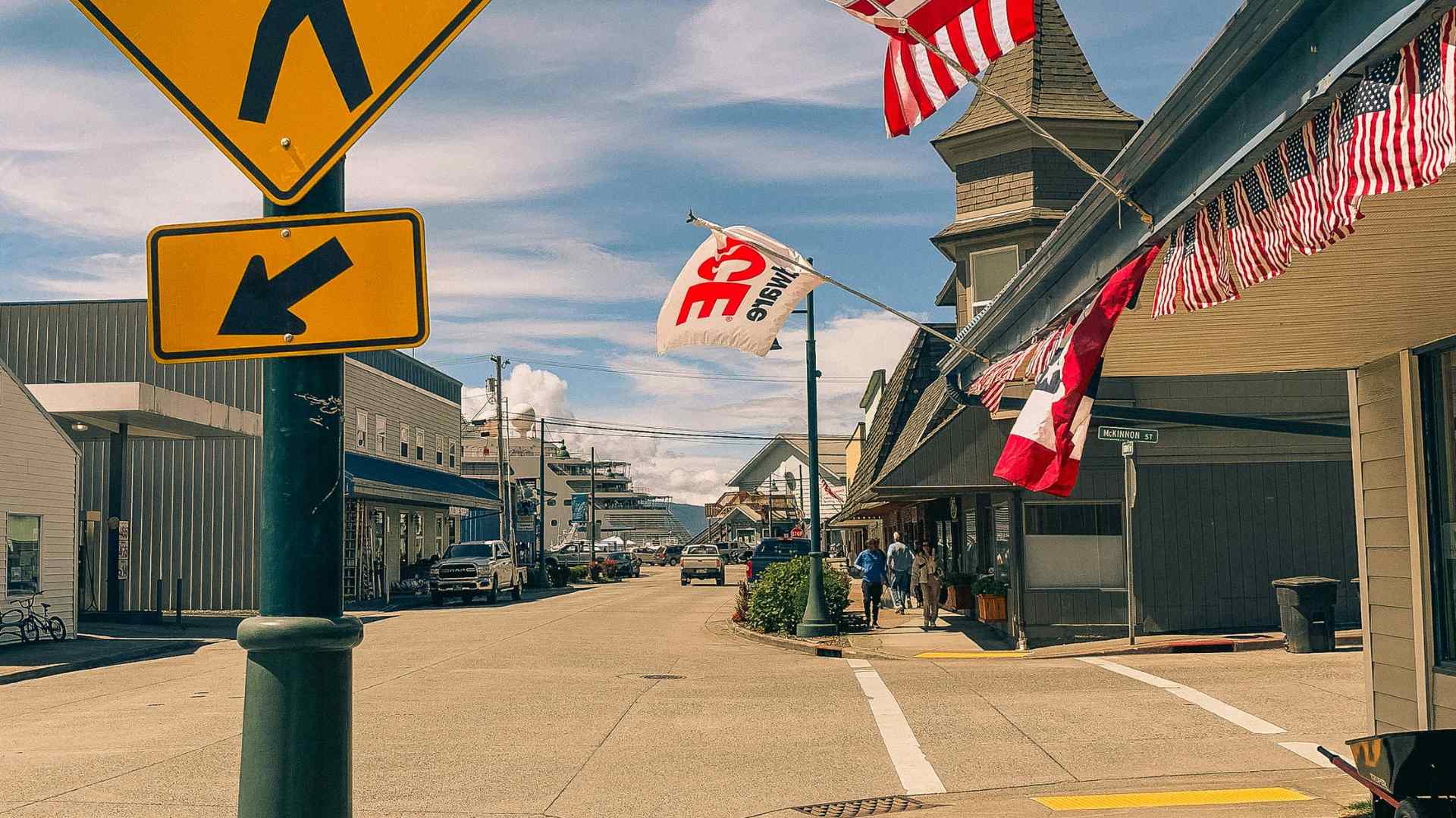 Main Street shops and flags in Haines, Alaska