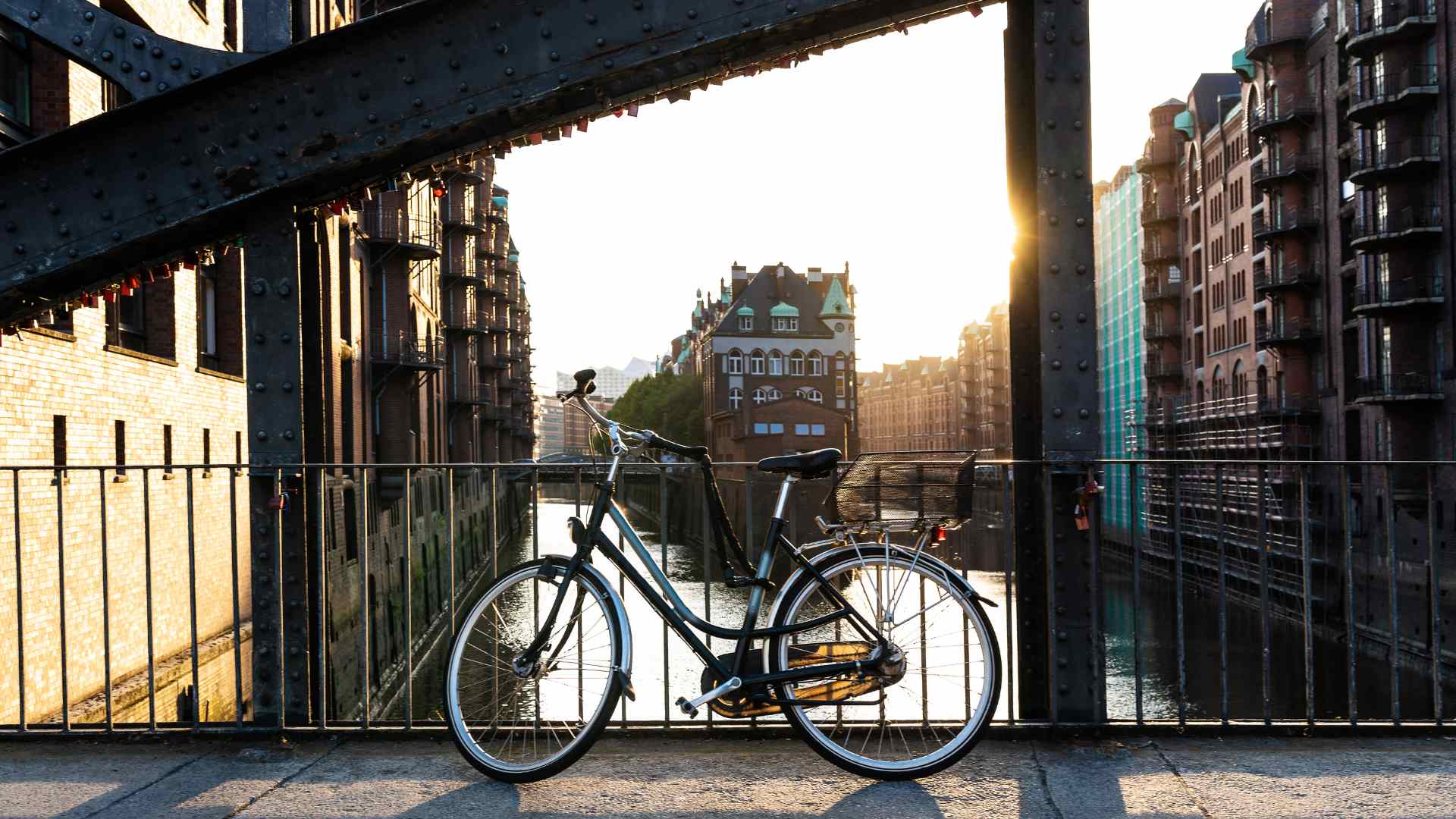 Bicycle beside historic warehouse buildings in Hamburg's Speicherstadt