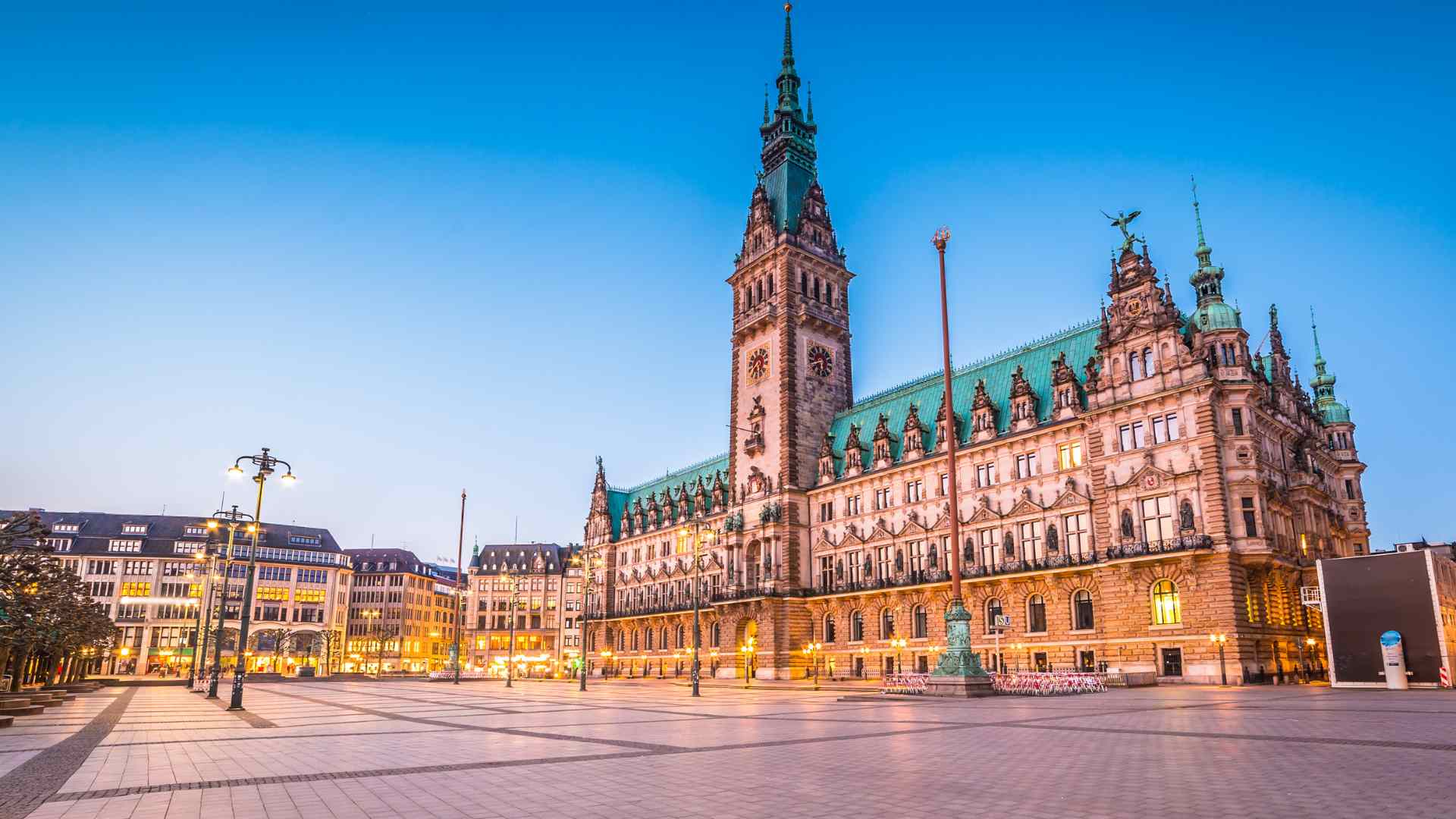 Hamburg City Hall illuminated in the city center