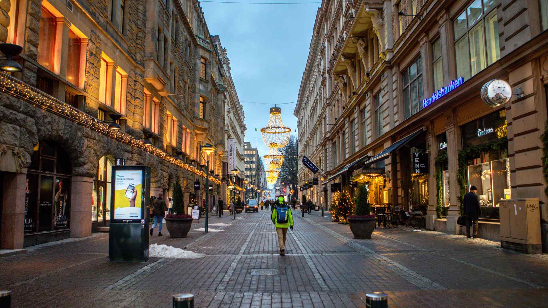 Evening shoppers on a pedestrian street in central Helsinki