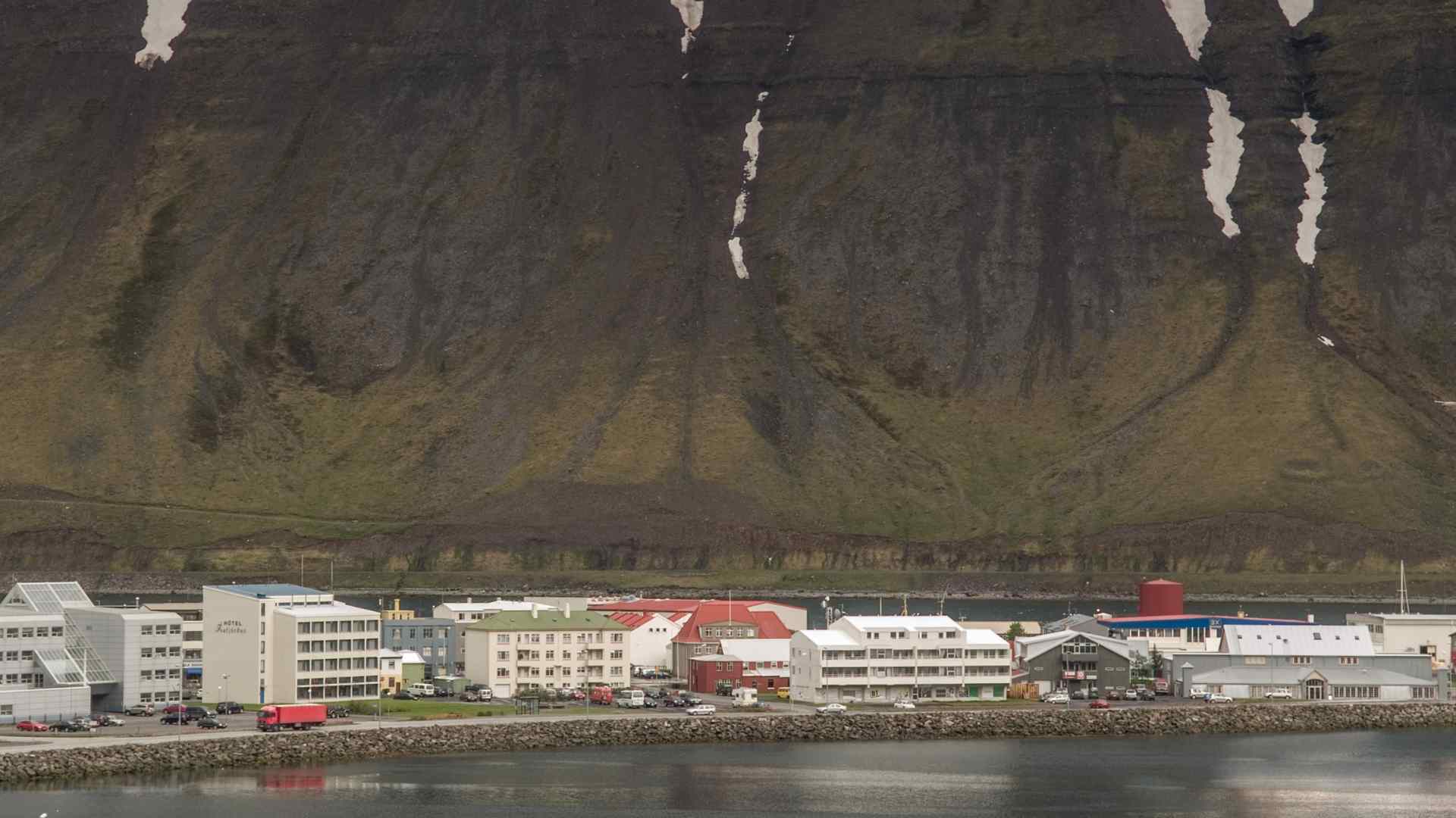 Isafjordur town at the base of Westfjords mountain slopes