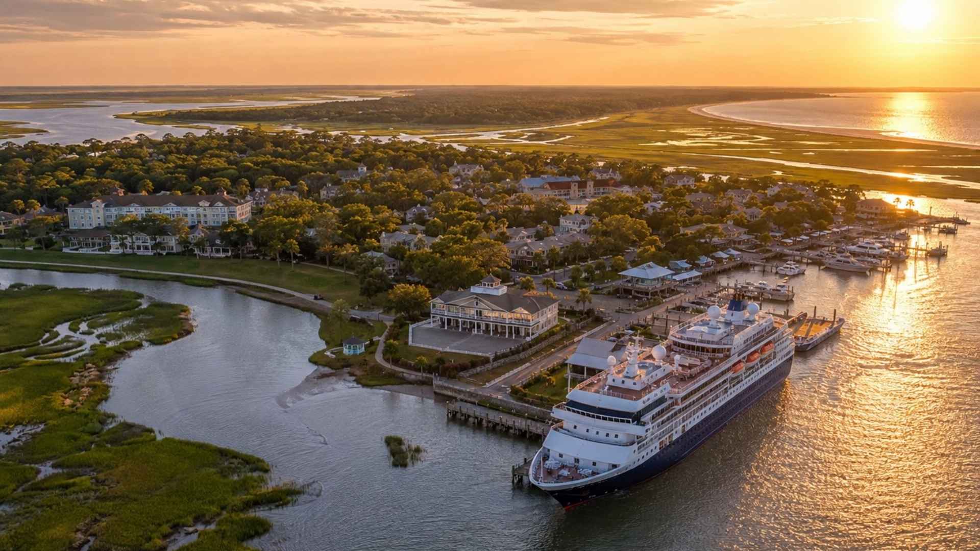 sunset with a cruise ship docked at Jekyll Island Cruise Port