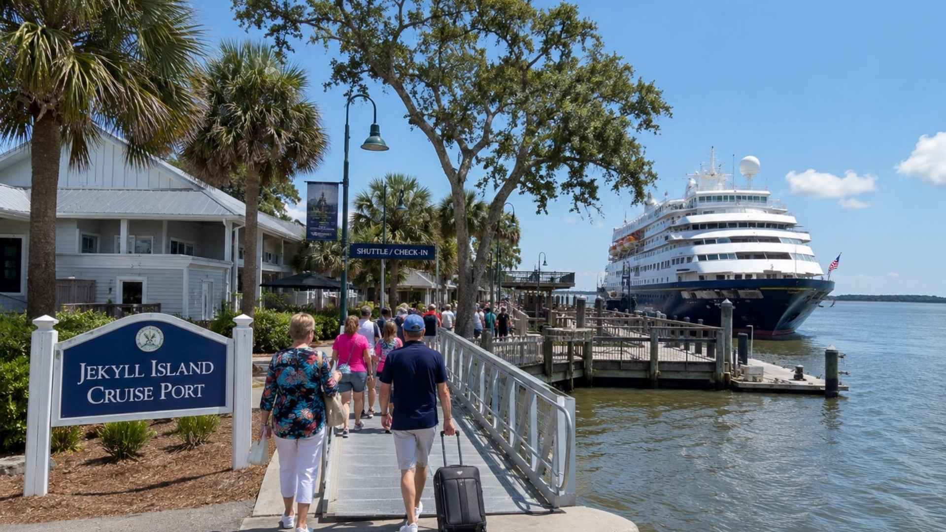 Passengers walking up to a ship docked at Jekyll Island Cruise Port