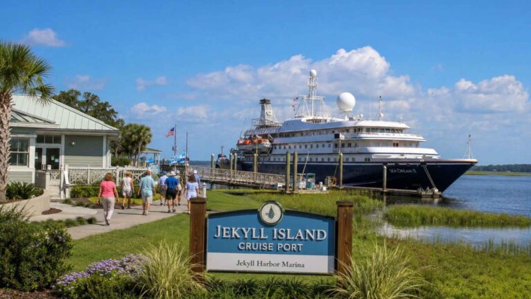 a cruise ship docked at Jekyll Island Cruise Port